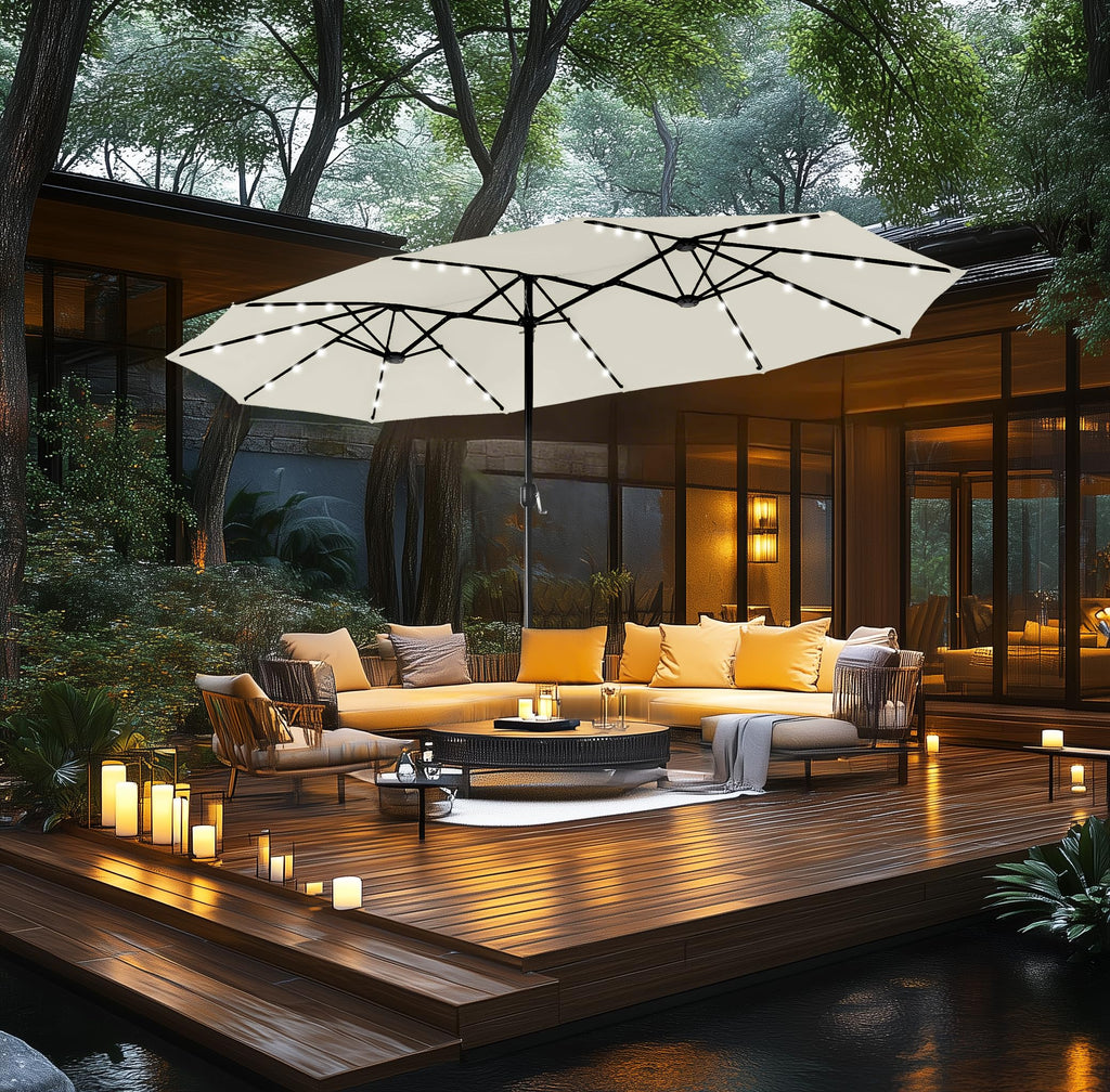 15ft Double Sided Patio Umbrella with Solar Lights, Outdoor Large Umbrellas with Crank Handle and 36 LED Lights, Rectangular Market Umbrella with Base Included for Deck Pool Shade, Ivory