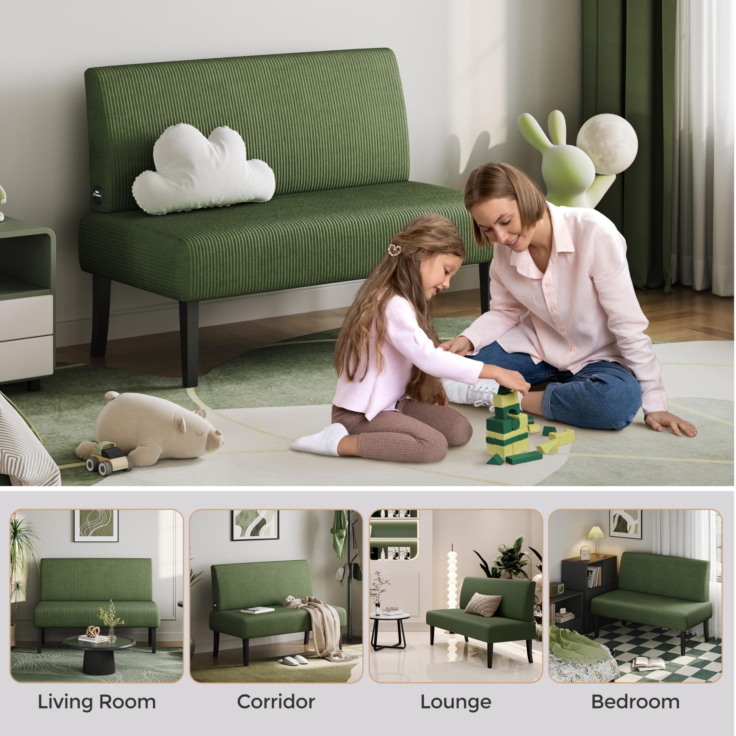 Small Mini Sofa Couch Armless Loveseat Futon for Bedroom, Corduroy Fabric & Easy Assembly, for Small Spaces Living Room,Dorm,Office,Apartment, Green
