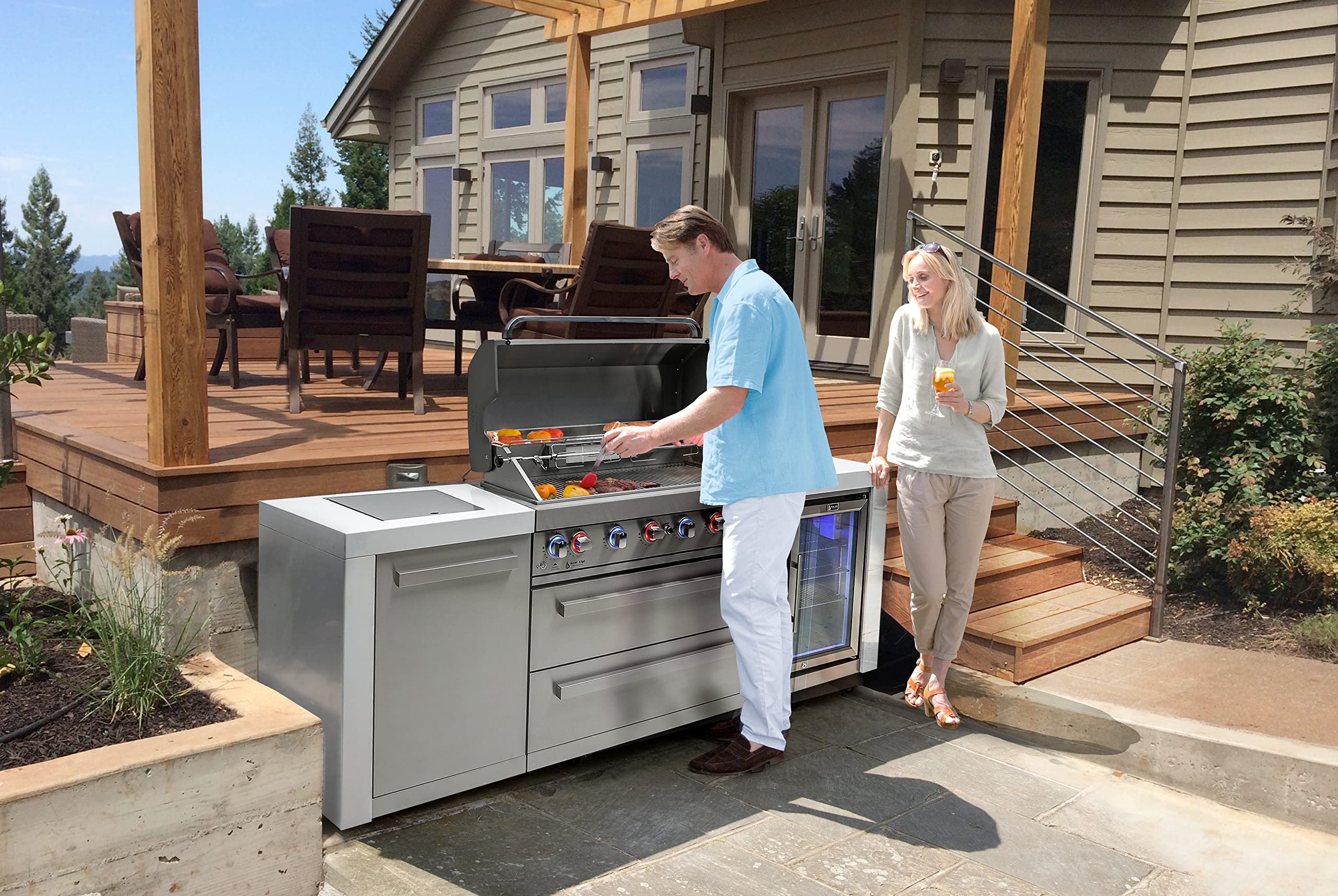 805 MAi805-DFC 115000 BTU Stainless Steel Deluxe Modular Outdoor Kitchen Island BBQ Grill with Fridge Cabinet + Infrared Rear & Side Burner + Granite Countertops + Rotisserie Kit & Cover