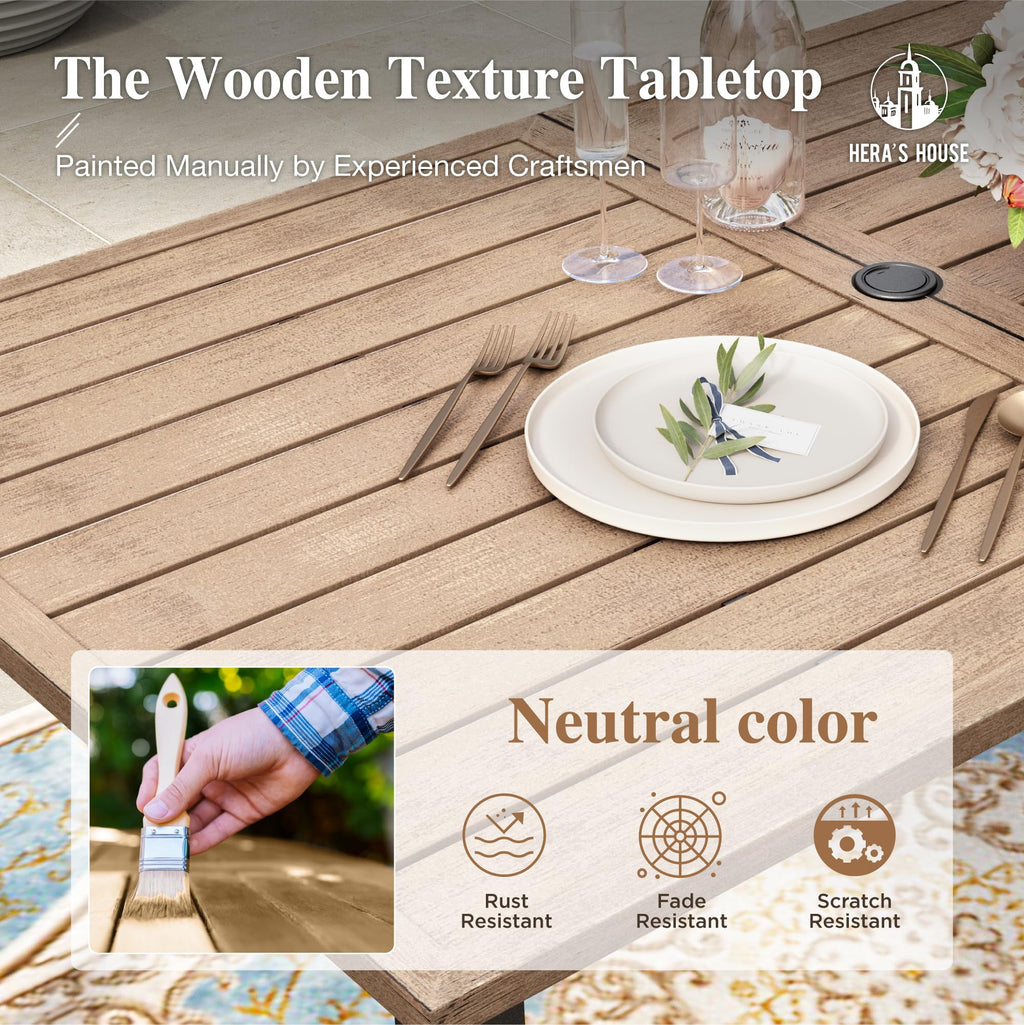 Patio Table and Chairs for 6, 7 Pieces Outdoor Deck Dining Sets, Wood-Like Rectangular Metal Table Set with Chairs for Lawn Garden Backyard, Red