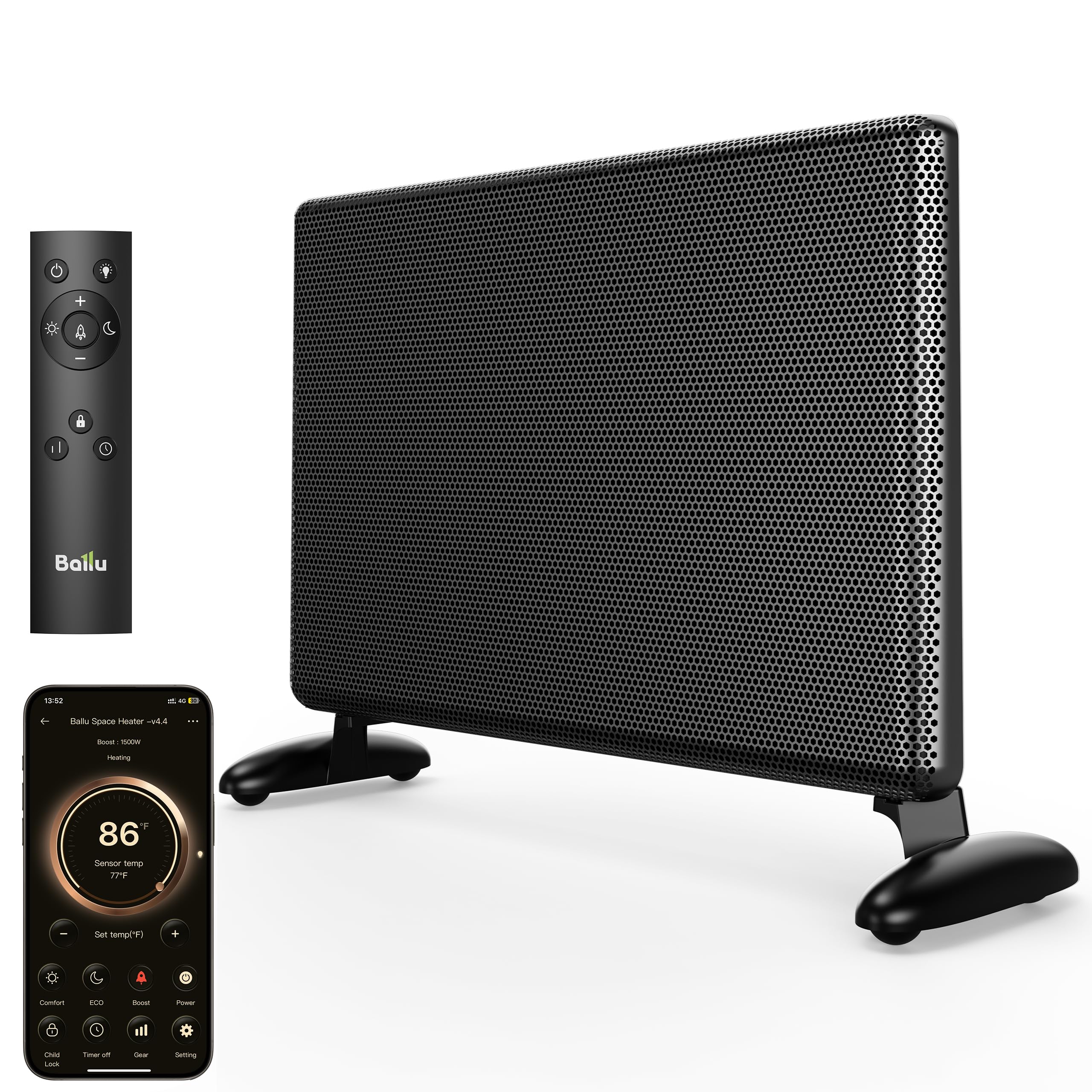 Infrared Space Heater Large Room,Panel Heater with Programmable Thermostat,WiFi App Control,Portable Stand or Wall Mount, Energy Efficient Smart Quiet Heater,Work with Alexa,Black