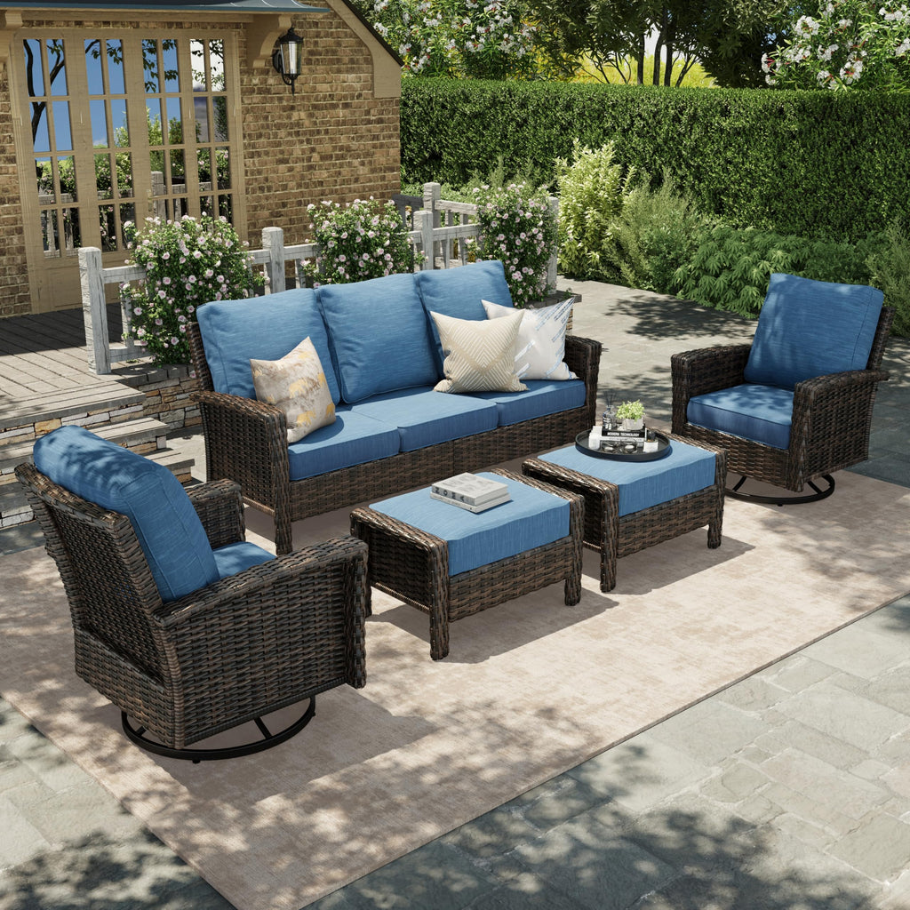 Wicker Patio Furniture Set, 35" High Back Swivel Chairs with 5.5" Thick Cushions, 5 Pieces Outdoor Seating Furniture, Deck Conversation Set with Ottomans for Lawn Yard Porch, Blue