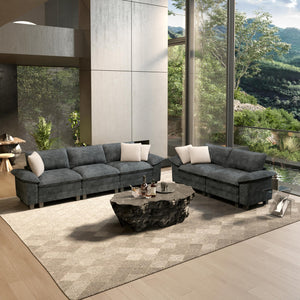2 Pieces Modular Sectional Sofa Sets, Oversized Couch Set with Loveseats, Comfy Cloud Couches with Throw Pillows, 5-Seater Deep Seat Sofa for Living Room, Chenille Blue