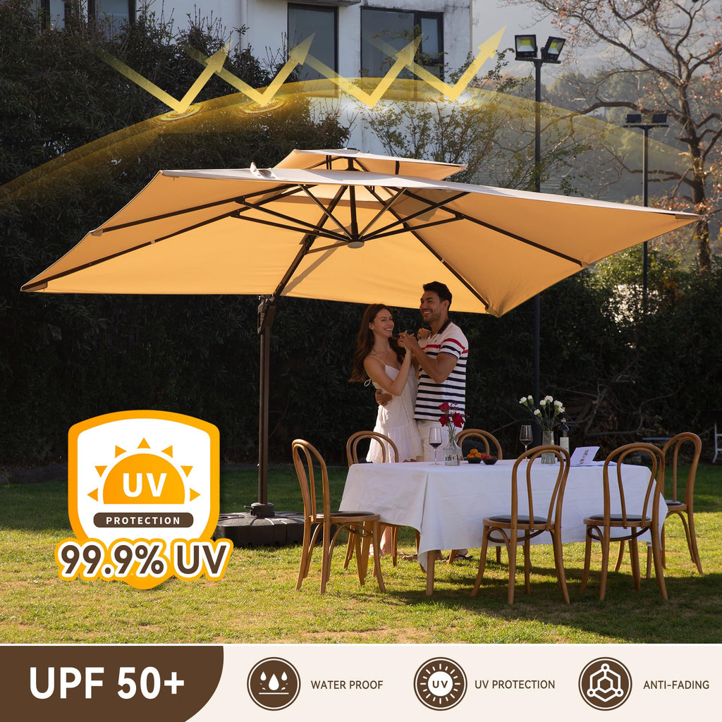 10 X 13 FT Cantilever Outdoor Patio Umbrella with Base Included Large Heavy Duty 360° Rotation Double Top Offset Rectangular Umbrellas with Led Lights for Backyard Outside Deck, Beige