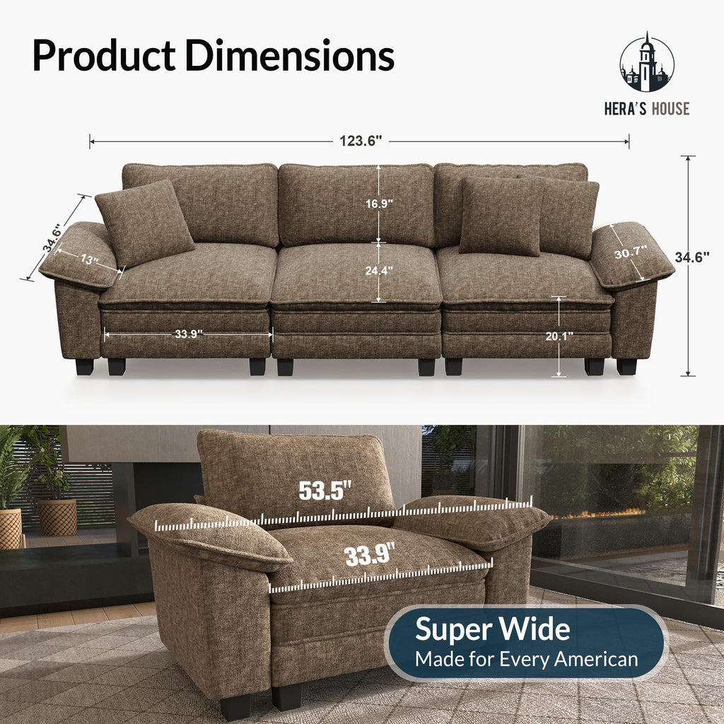 124" Modular Sectional Sofa, Oversized Couches for Living Room, Comfy Cloud Couch 3-Seater Deep Seat Sofa with Throw Pillow, Chenille Taupe
