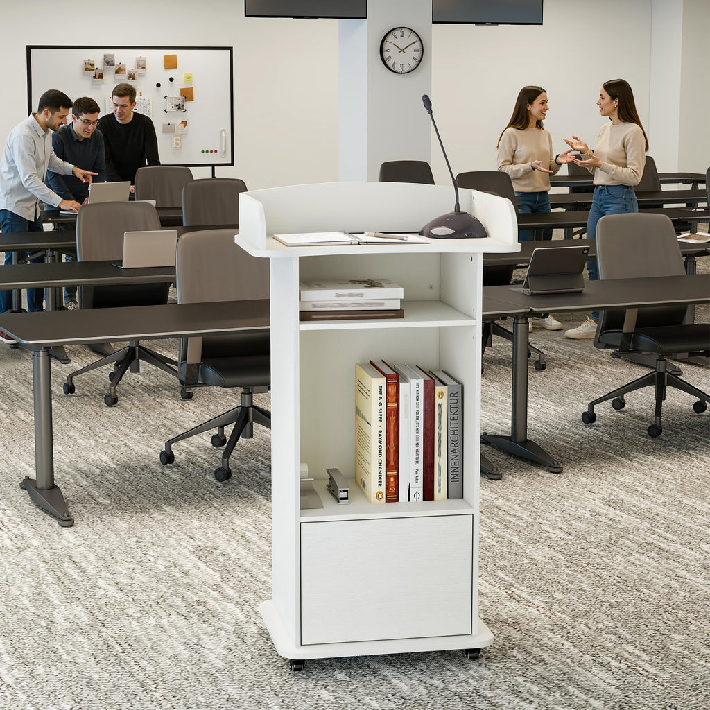 Podium Stand with Metal Wheels Wooden Lectern Podium Stand Portable Pulpit Standing with Storage Mobile Reception Podiums Desk for Church Office School Conference Restaurant Meeting, White