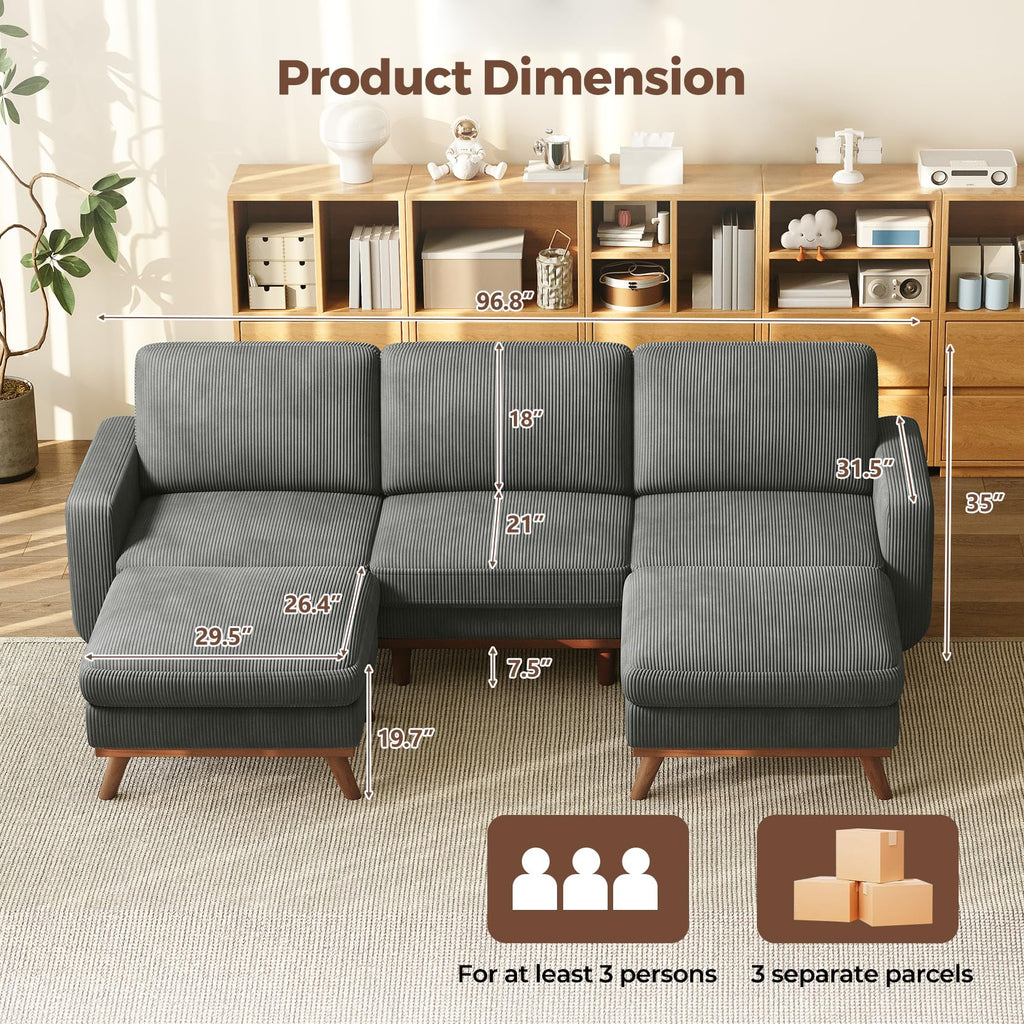 97" Modular Sectional Sofa Dark Gray, U-Shaped Couch with Movable Ottoman, Comfy Corduroy Couch with Spring Cushion, Modular Sofa with Deep Seat for Living Room, Bedroom and Apartment