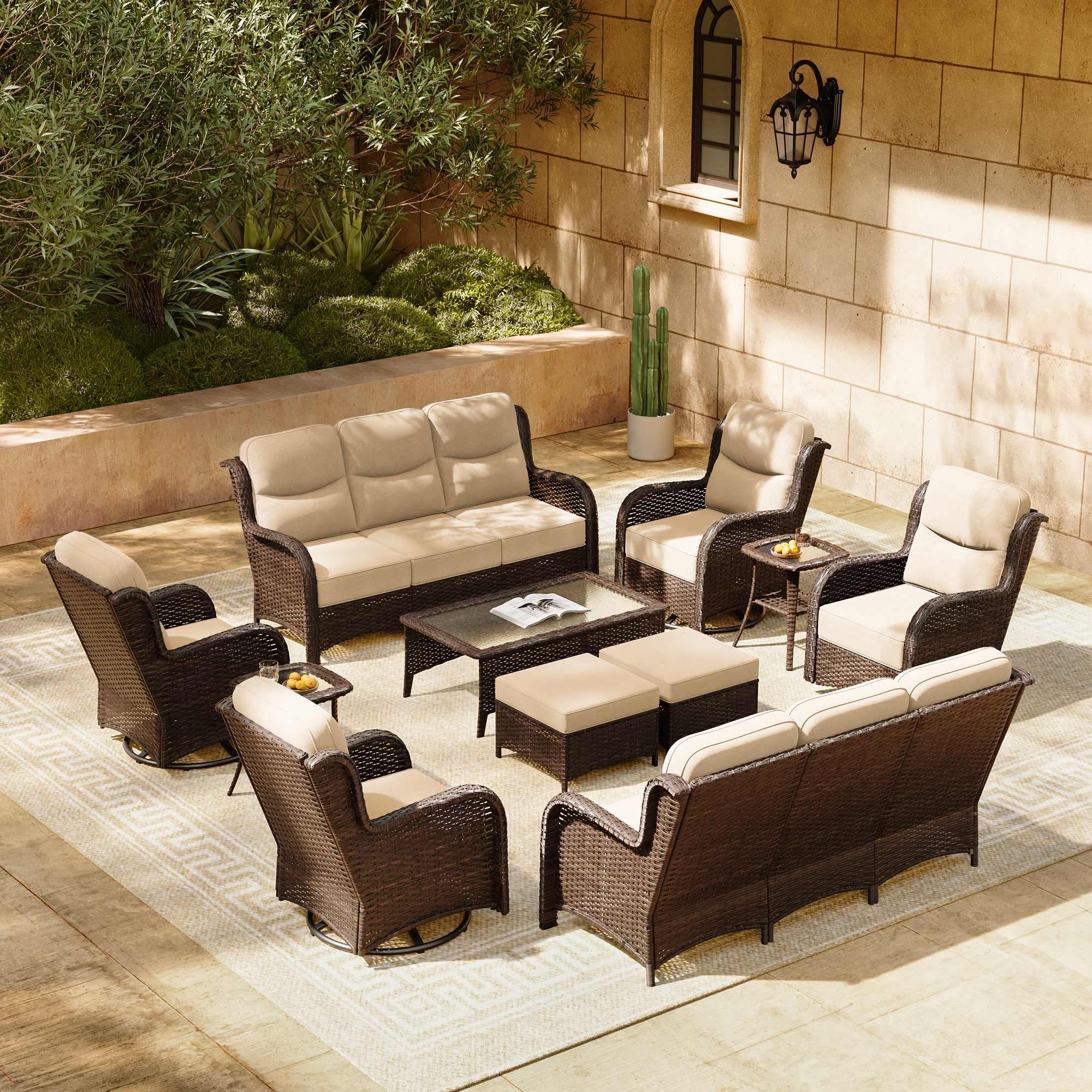 Luxury Patio Furniture Set with 6-inch Thick Cushion, Outdoor Couch and High Back Swivel Rocker Patio Chairs, 11PCS Wicker Conversation Set for Deck Yard and Poolside, Beige (V2)