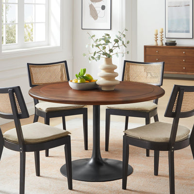 48 Inch Round Wood Dining Table with Metal Pedestal in Black Walnut - Modern Industrial Dining Table for 4 People - Solid Wood Tulip Kitchen Table