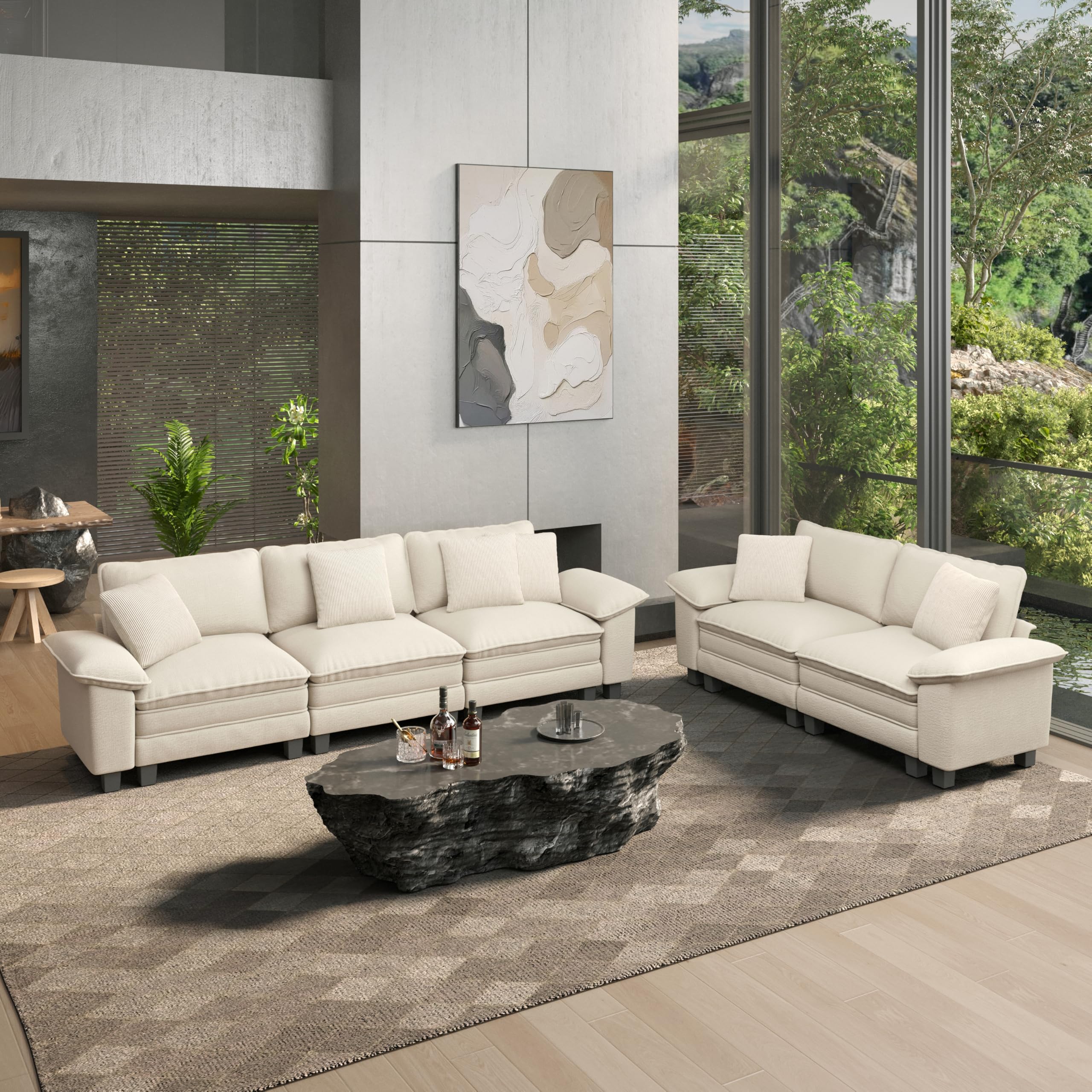 2 Pieces Modular Sectional Sofa Sets, Oversized Couch Set with Loveseats, Comfy Cloud Couches with Throw Pillows, 5-Seater Deep Seat Sofa for Living Room, Chenille Beige