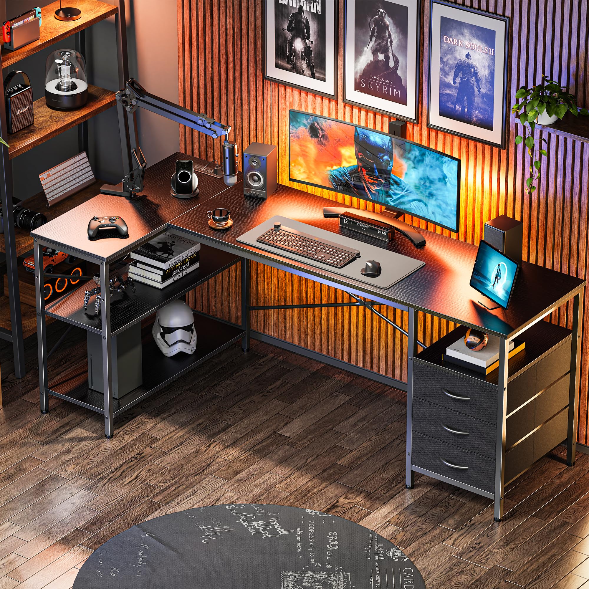 L Shaped Desk with Power Outlets, 63 Inch Reversible Computer Desk with 3 Drawers and Shelves, Home Office Table for Corner Work Study Writing Gaming, Black