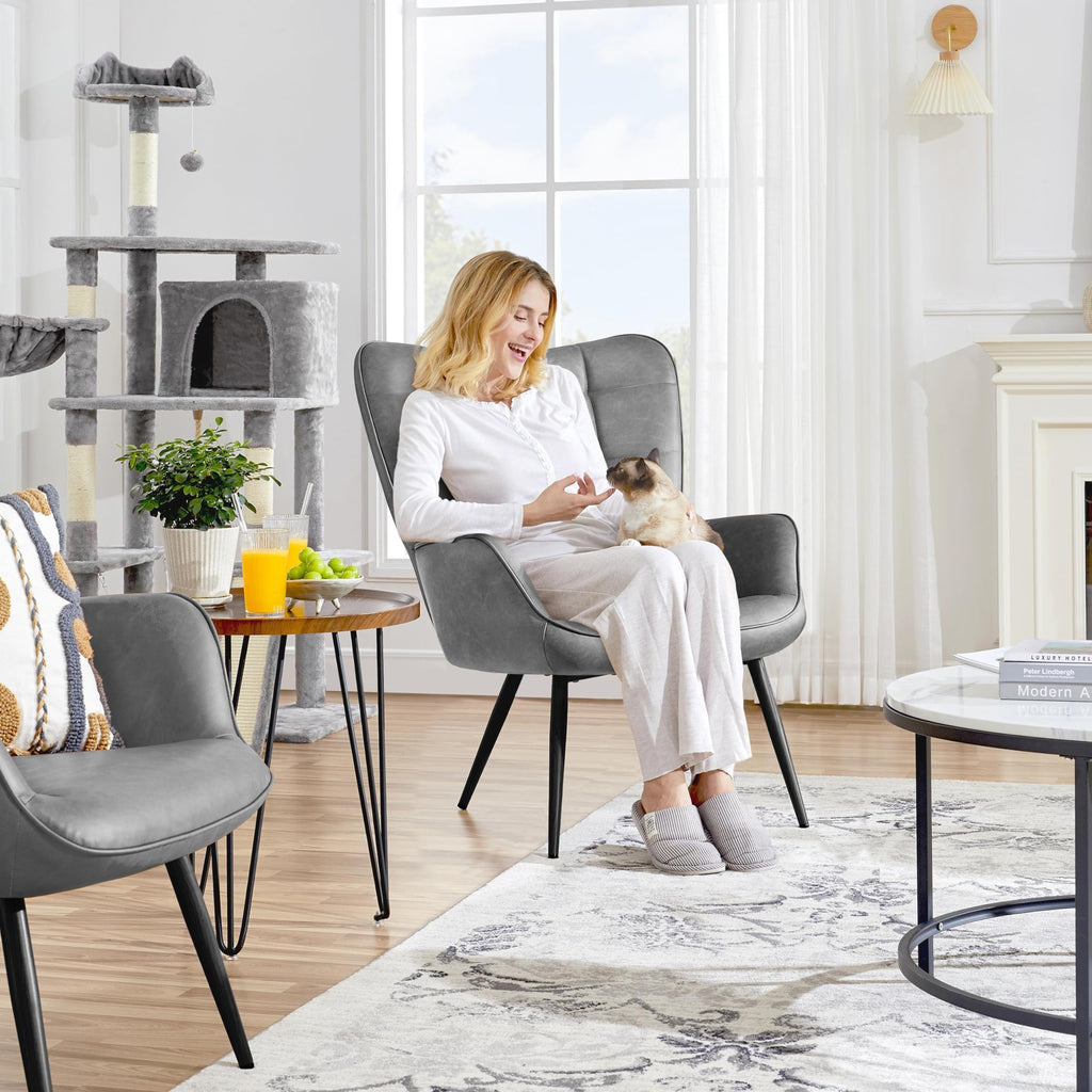 Accent Chairs, Large PU Leather High-Back Chair w/Metal Legs, Pottery Barn Style Living Room Chairs for Bedroom/Home Office, Gray, Set of 2