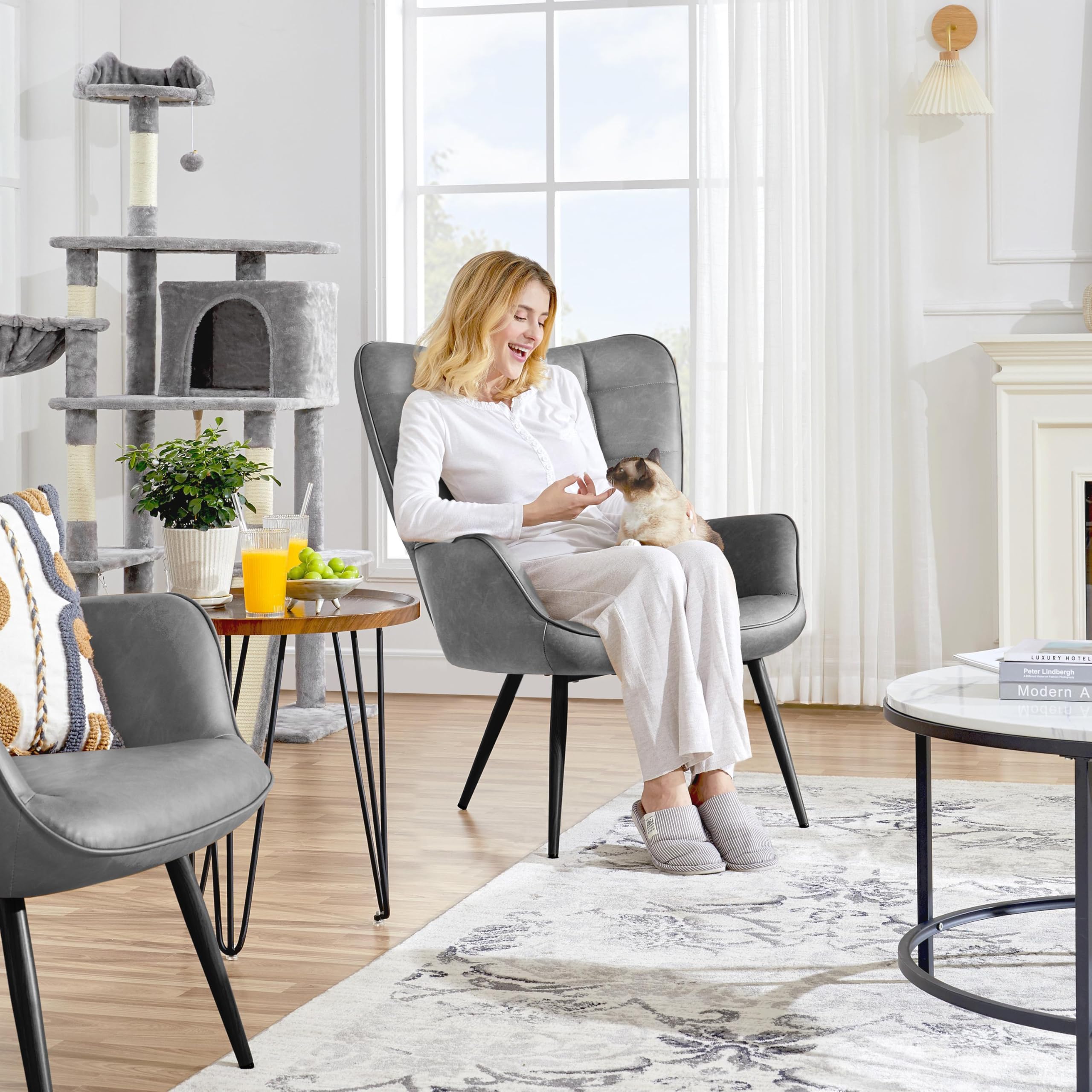 Accent Chairs, Large PU Leather High-Back Chair w/Metal Legs, Pottery Barn Style Living Room Chairs for Bedroom/Home Office, Gray, Set of 2