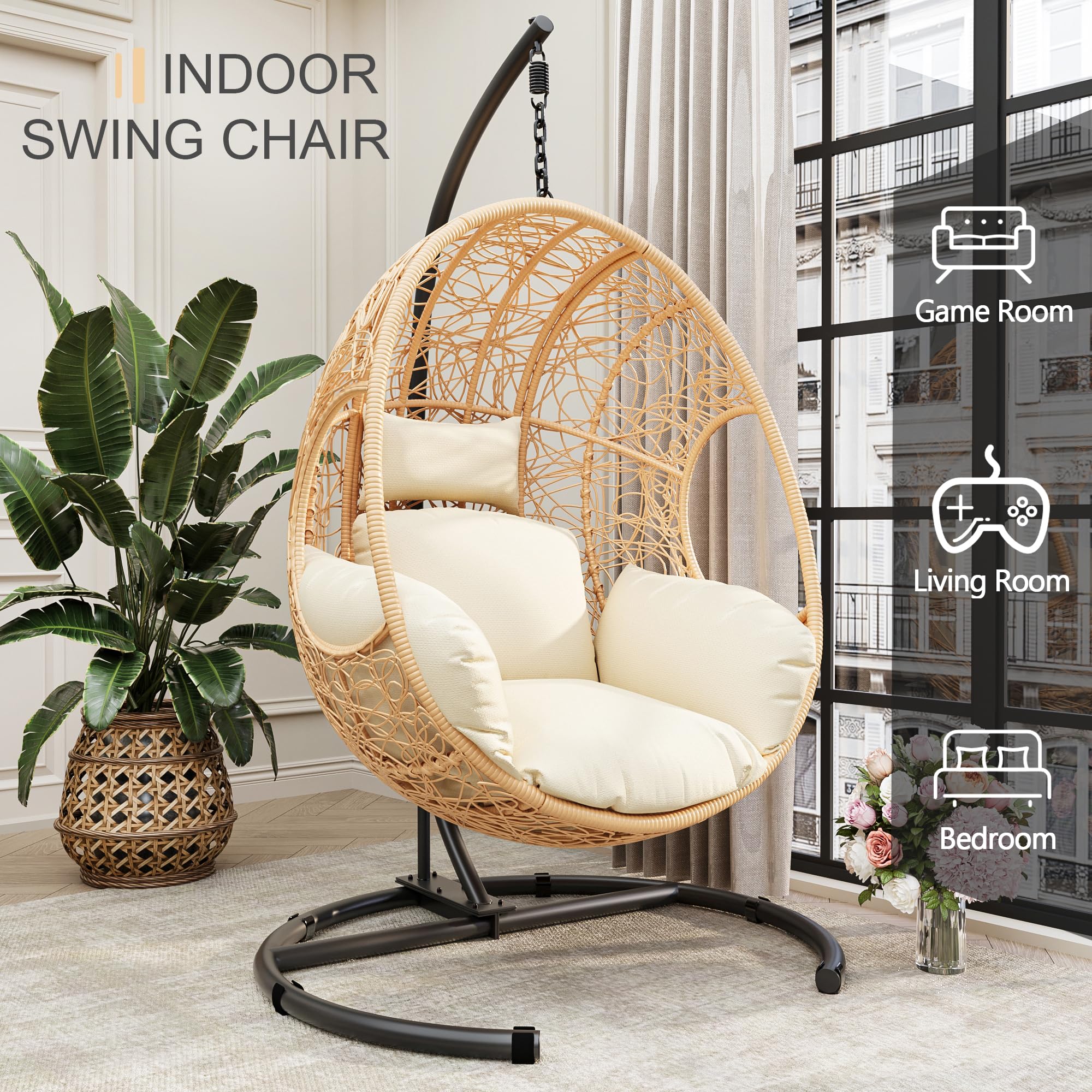 Oversized Hanging Egg Chair Outdoor Indoor, Wicker Swing Egg Chair with Stand 400lbs Capacity for Bedroom, Patio, Garden and Balcony (Beige-nest, Oversize)