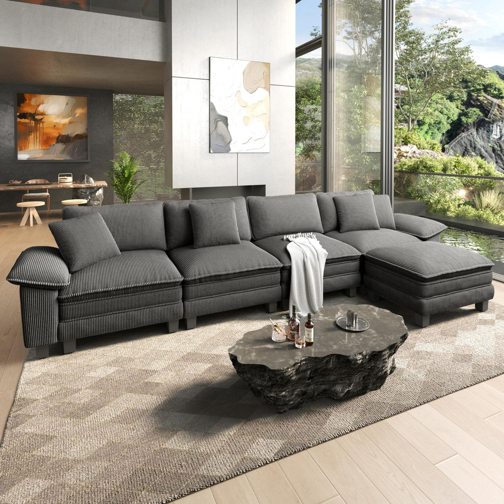 158" Modular Sectional Sofa, Oversized L Shaped Couches for Living Room, Comfy Cloud Couch with Ottoman, 5-Seater Deep Seat Sofa with Throw Pillow, Corduroy Grey