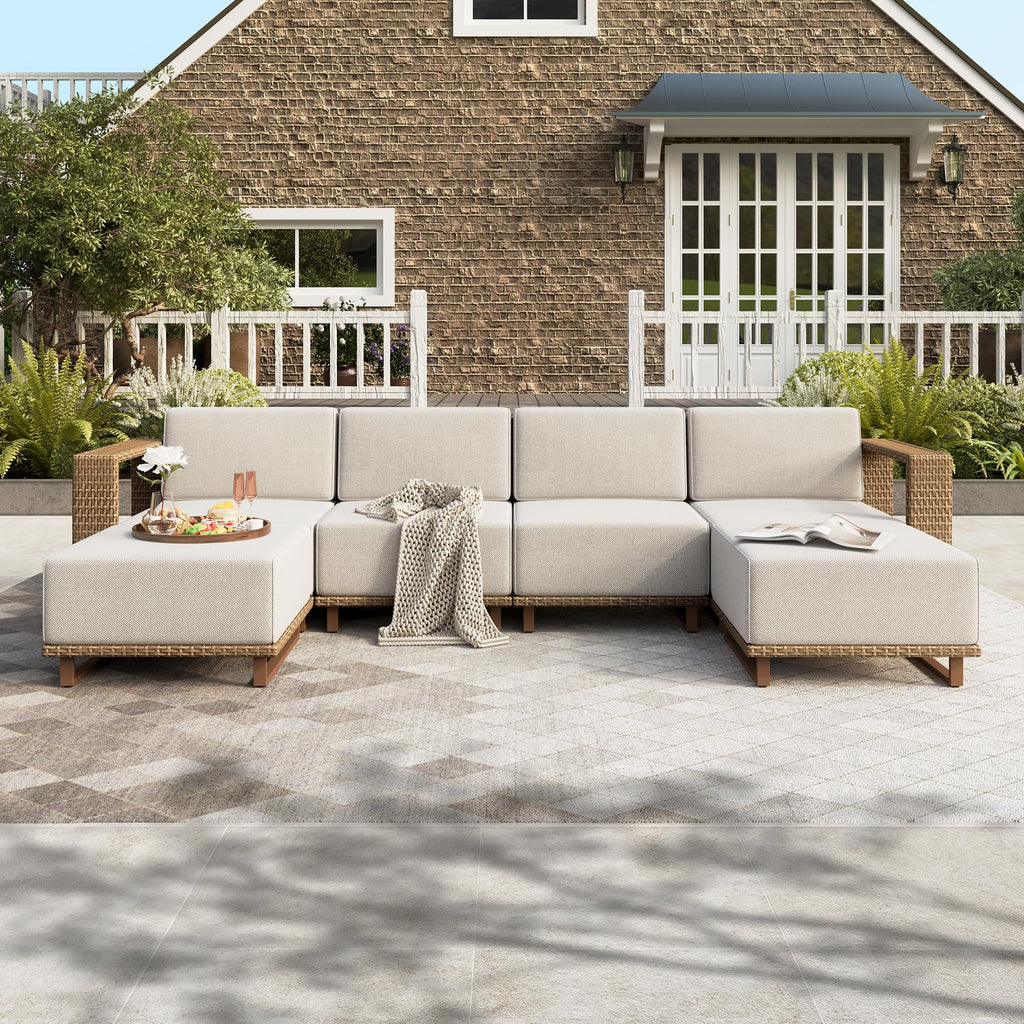 6 Pieces Outdoor Rattan Furniture Set, 4 Sectional Patio Wicker Sofa with 2 Ottomans, All Weather Patio Conversation Set with 5.3" Comfy Widened Armrest, 10" Ultra Thick Cushion for Deck