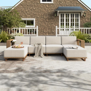 6 Pieces Outdoor Rattan Furniture Set, 4 Sectional Patio Wicker Sofa with 2 Ottomans, All Weather Patio Conversation Set with 5.3