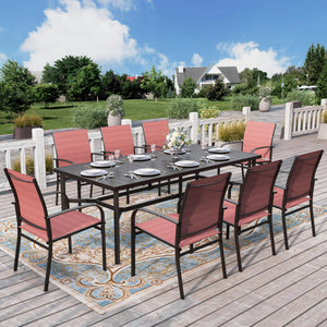 9 Pieces Patio Dining Set, 8 Red Textilene Patio Chairs and 83