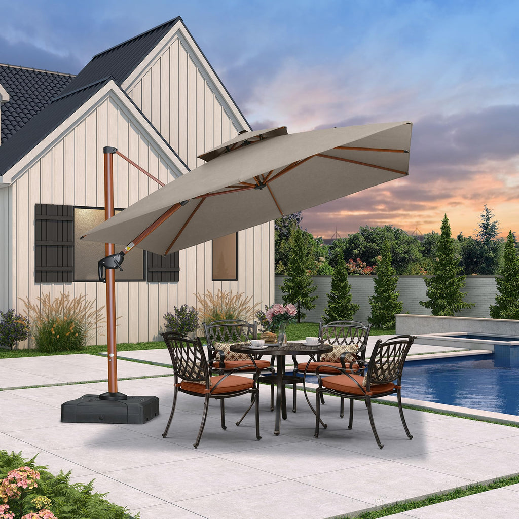 10' X 10' Patio Large Cantilever Umbrella Outdoor Square Wood Umbrellas Offset Umbrella Heavy Duty Sun Umbrellas for Garden Deck Pool, Heather Taupe
