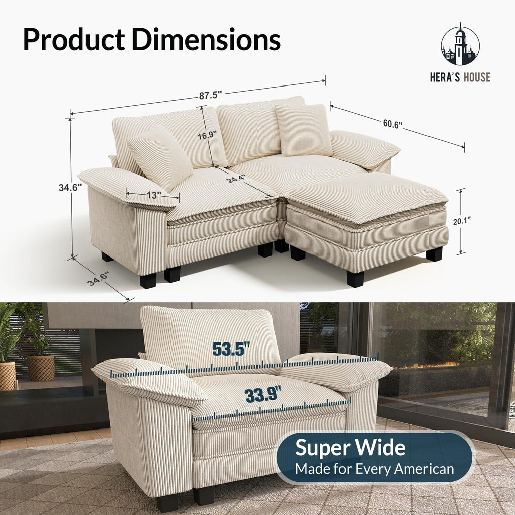 88" Modular Sectional Sofa, L Shaped Couches for Living Room, Comfy Cloud Couch with Ottoman, 3-Seater Deep Seat Sofa with Throw Pillow, Corduroy Beige