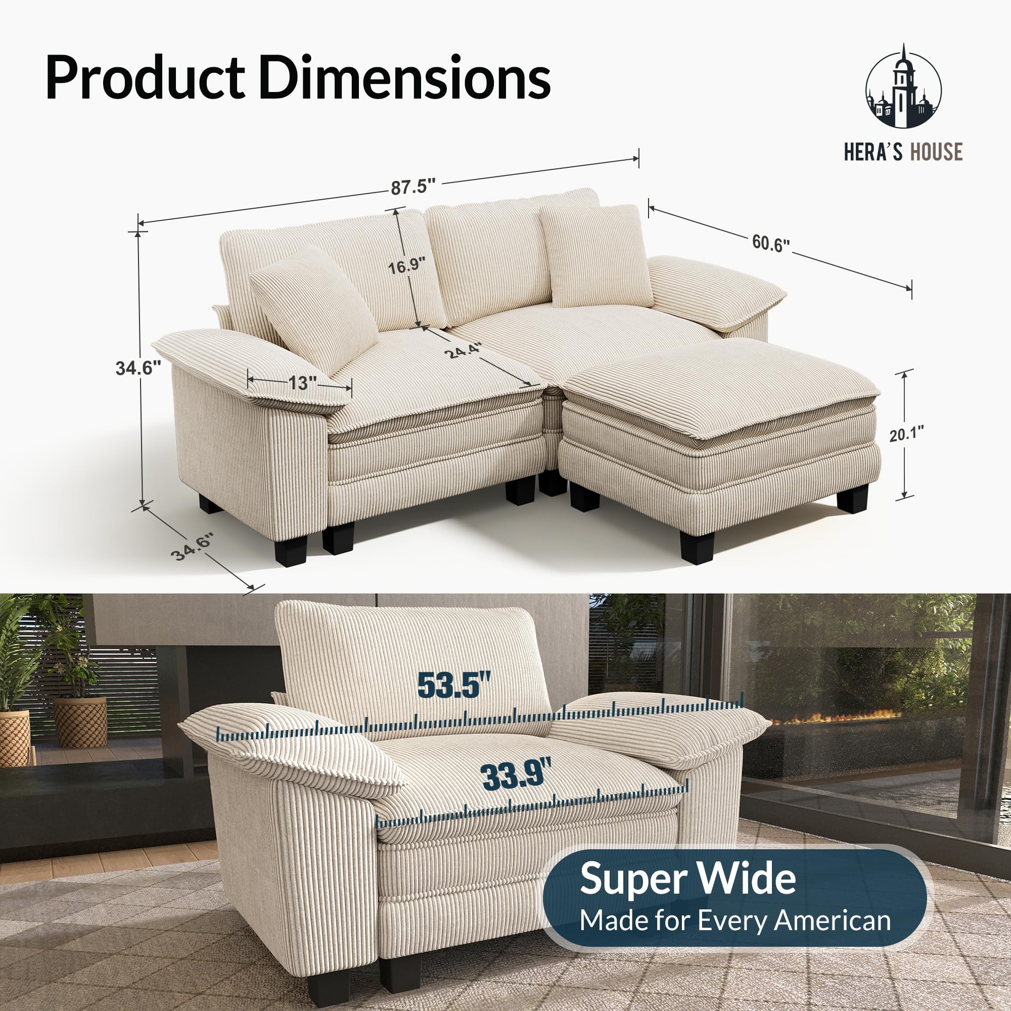 88" Modular Sectional Sofa, L Shaped Couches for Living Room, Comfy Cloud Couch with Ottoman, 3-Seater Deep Seat Sofa with Throw Pillow, Corduroy Beige