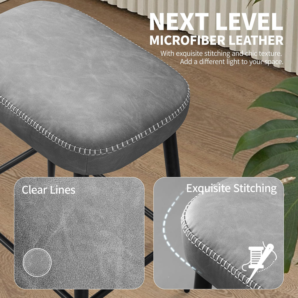 Bar Stools Set of 2, Counter Height Bar Stools for Kitchen Island, 24 Inch Kitchen Bar Stools for Kitchen Counter, Modern Leather Bar Chairs with Footrest and Metal Base, Gray