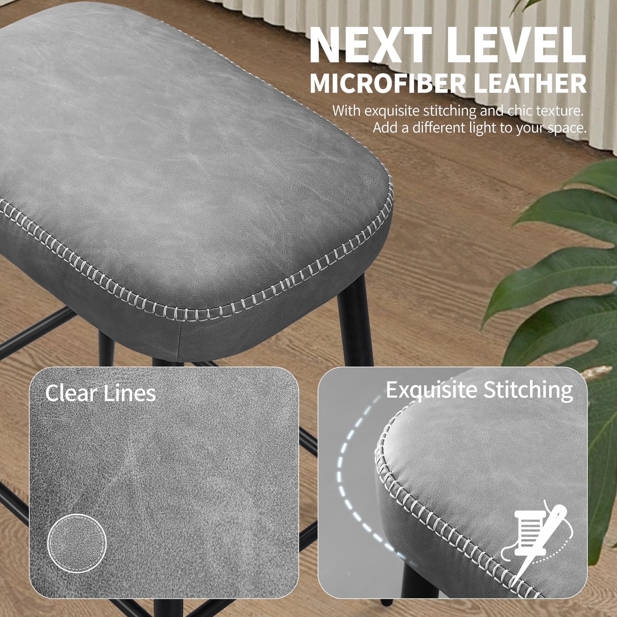 Bar Stools Set of 2, Counter Height Bar Stools for Kitchen Island, 24 Inch Kitchen Bar Stools for Kitchen Counter, Modern Leather Bar Chairs with Footrest and Metal Base, Gray