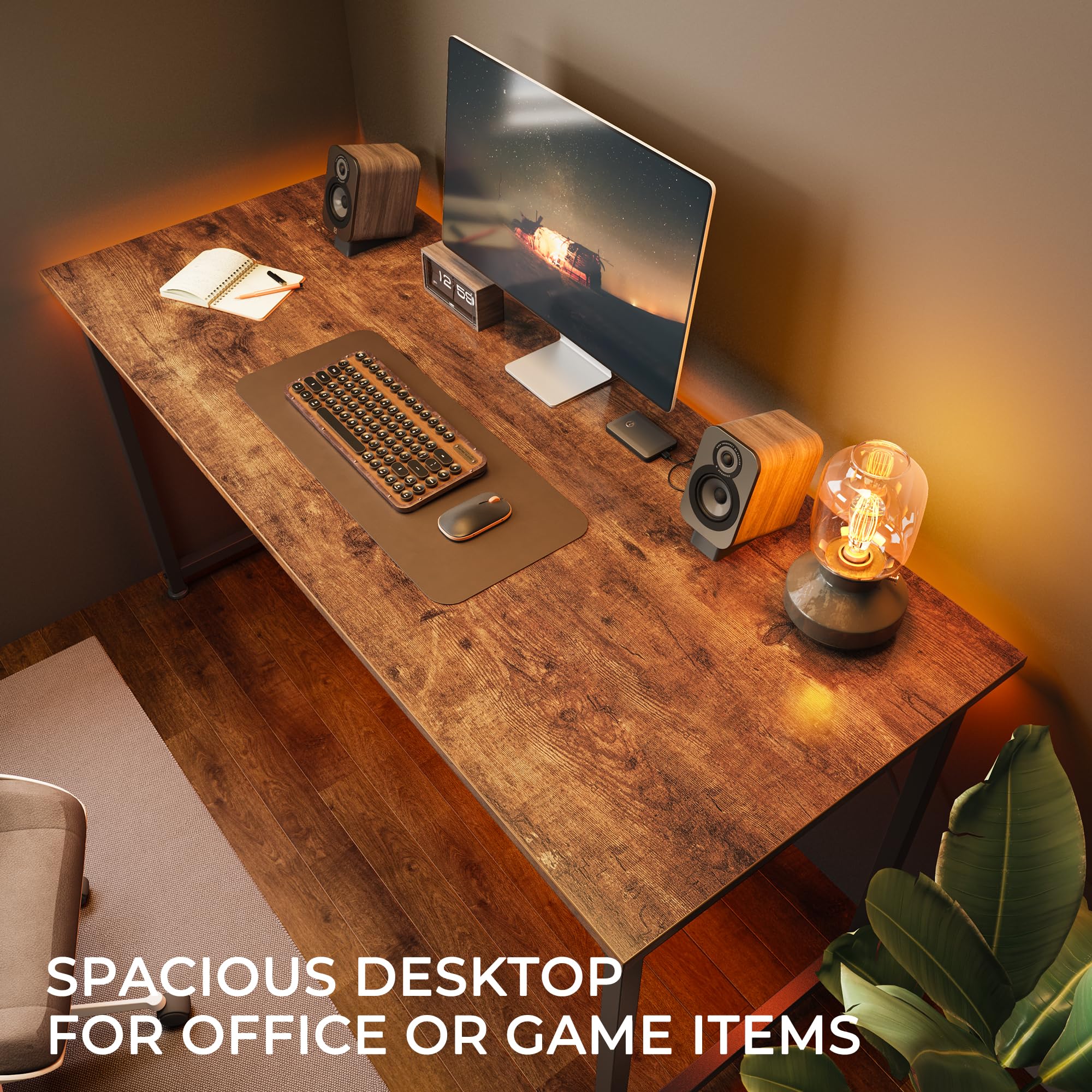 Computer Desk, 48 Inch Office Desk, Gaming Desk with Storage, Writing Desk Work Desk for Home Office, Study, Modern Simple Desk, Large Legroom, Metal Frame, Rustic Brown
