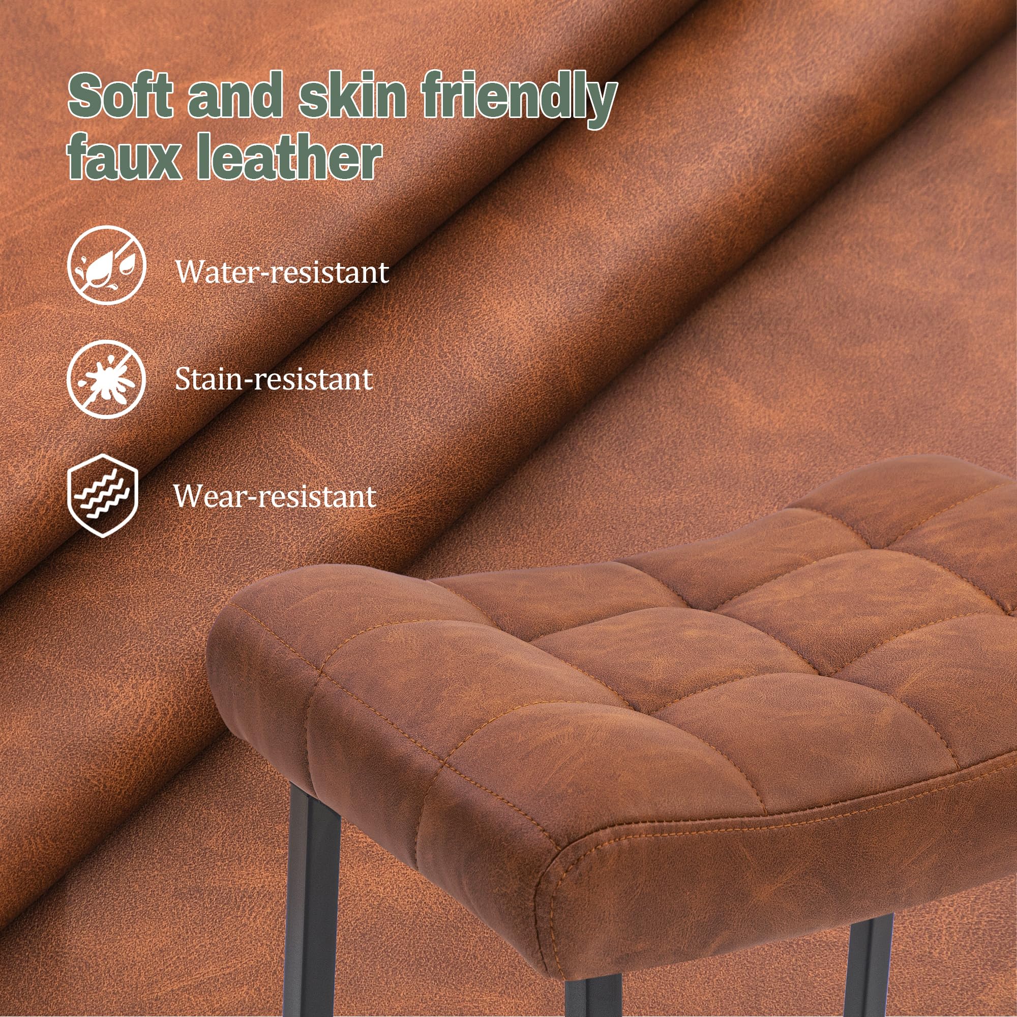 Modern Bar Stools Set of 2 for Kitchen Counter 24 inch Counter Height Backless Barstools with Upholstered Faux Leather Saddle Seat and Metal Frame Industrial Bar Chairs, Brown