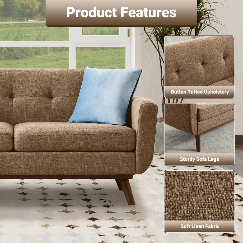 65.2" W Loveseat Sofa, Mid Century Modern Decor Love Seat Couches for Living Room, Button Tufted Upholstered Furniture, Solid & Easy to Install Small Couch for Bedroom Office Apartment, Brown
