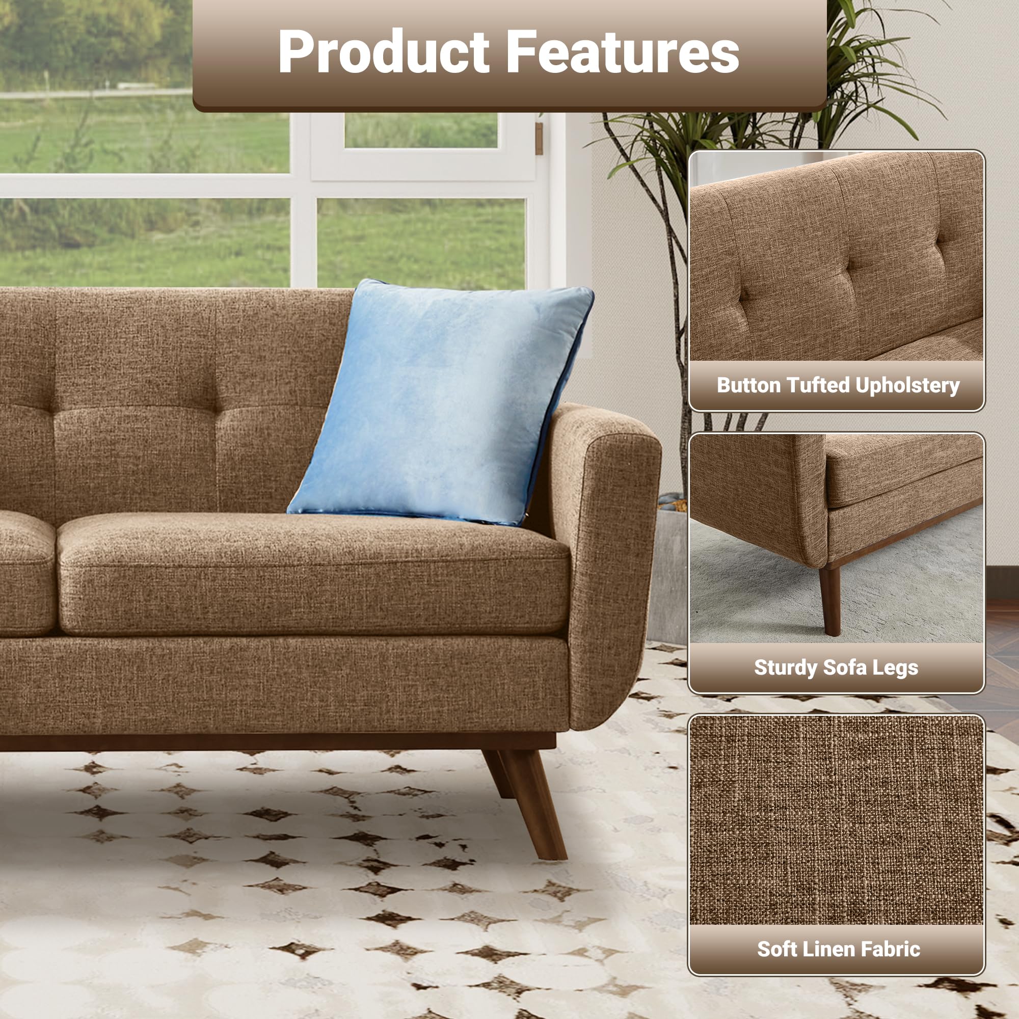 65.2" W Loveseat Sofa, Mid Century Modern Decor Love Seat Couches for Living Room, Button Tufted Upholstered Furniture, Solid & Easy to Install Small Couch for Bedroom Office Apartment, Brown