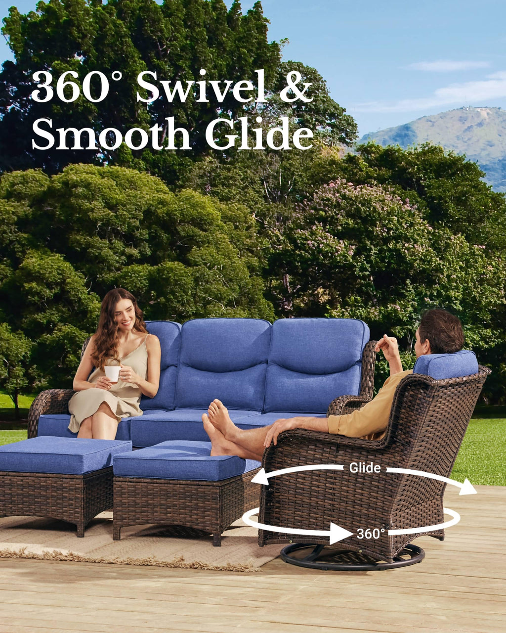 Luxury Patio Furniture Set with 6-inch Thick Cushion, Outdoor Couch and High Back Swivel Rocker Patio Chairs, 11PCS Wicker Conversation Set for Deck Yard and Poolside, Blue (V2)