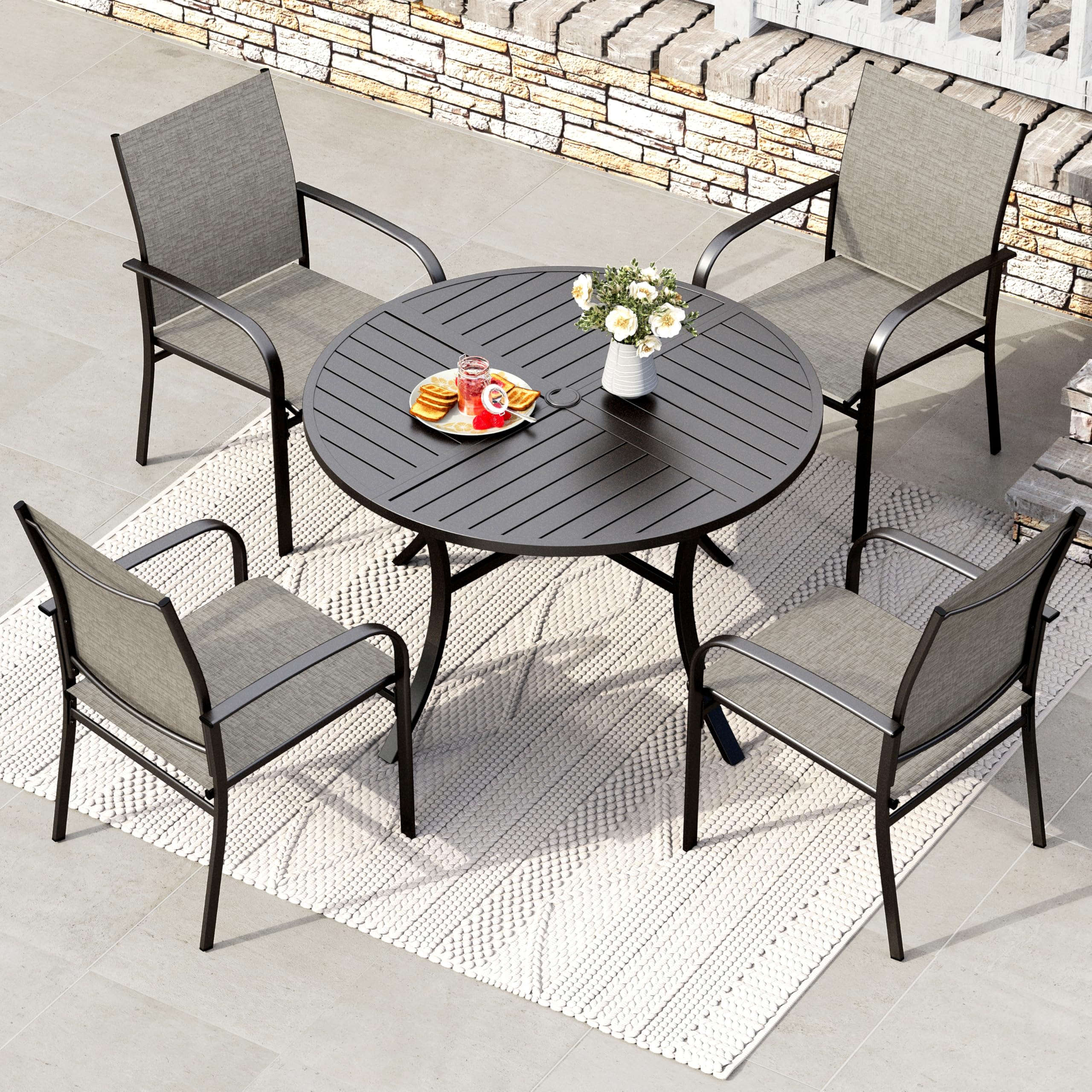 Round Patio Dining Set, 5 Piece Outdoor Metal Table and Chairs Set for Lawn Garden Backyard Deck