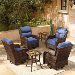 Luxury Patio Furniture Set with 6-inch Thick Cushion, Outdoor High Back Swivel Rocker Patio Chairs, 6PCS Wicker Conversation Set for Deck Yard and Poolside, Blue (V2)