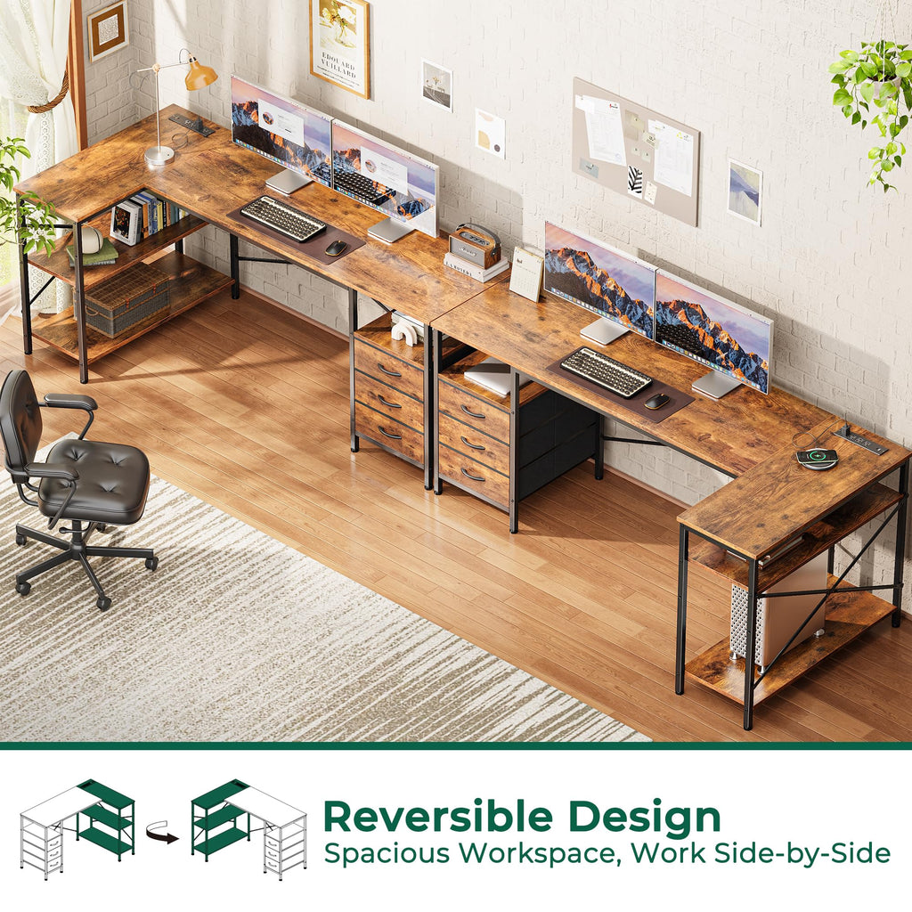 L Shaped Desk with Power Outlets, 63 Inch Reversible Computer Desk with 3 Drawers and Shelves, Home Office Table for Corner Work Study Writing Gaming, Rustic Brown