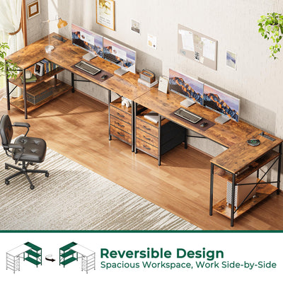 L Shaped Desk with Power Outlets, 63 Inch Reversible Computer Desk with 3 Drawers and Shelves, Home Office Table for Corner Work Study Writing Gaming, Rustic Brown
