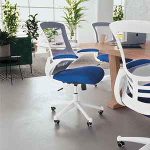 Office Chair, Ergonomic, Mid-Back, White Frame, Blue Mesh with Swivel