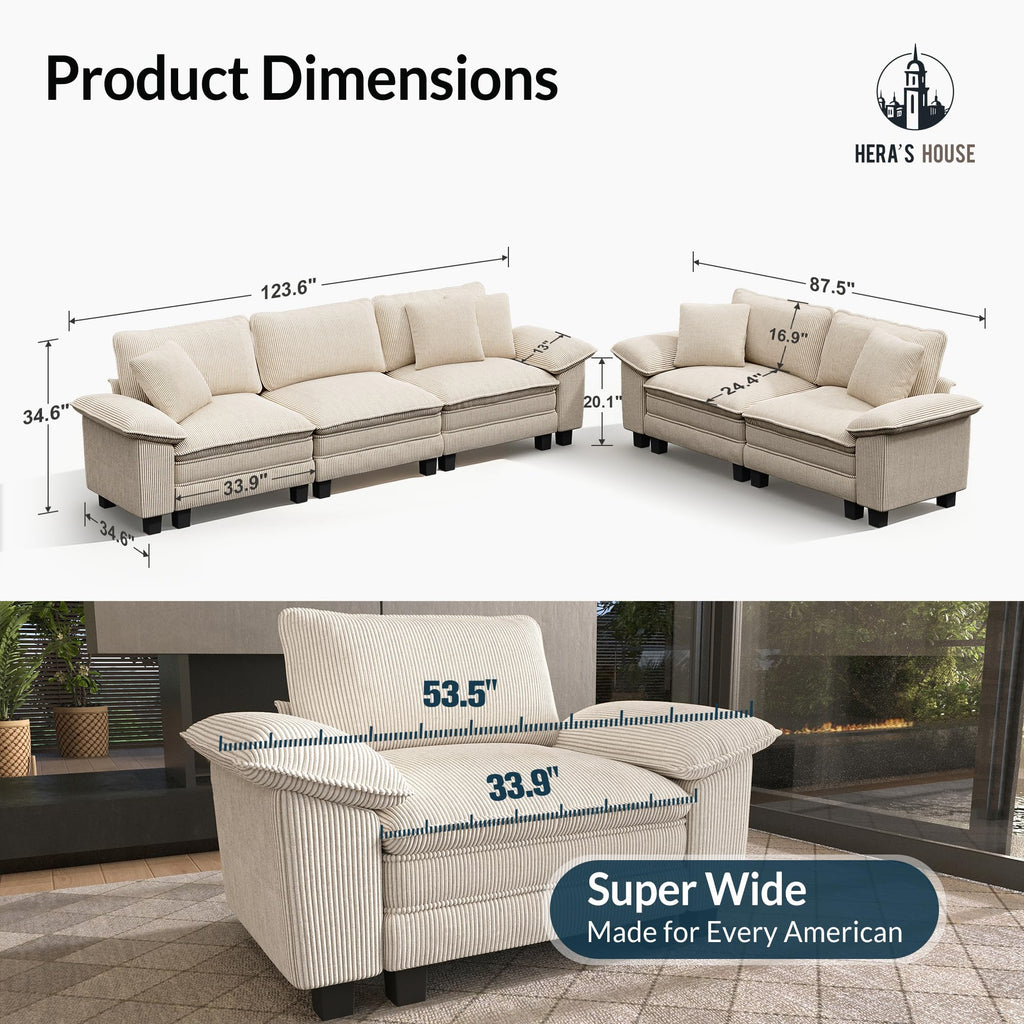 2 Pieces Modular Sectional Sofa Sets, Oversized Couch Set with Loveseats, Comfy Cloud Couches with Throw Pillows, 5-Seater Deep Seat Sofa for Living Room, Corduroy Beige