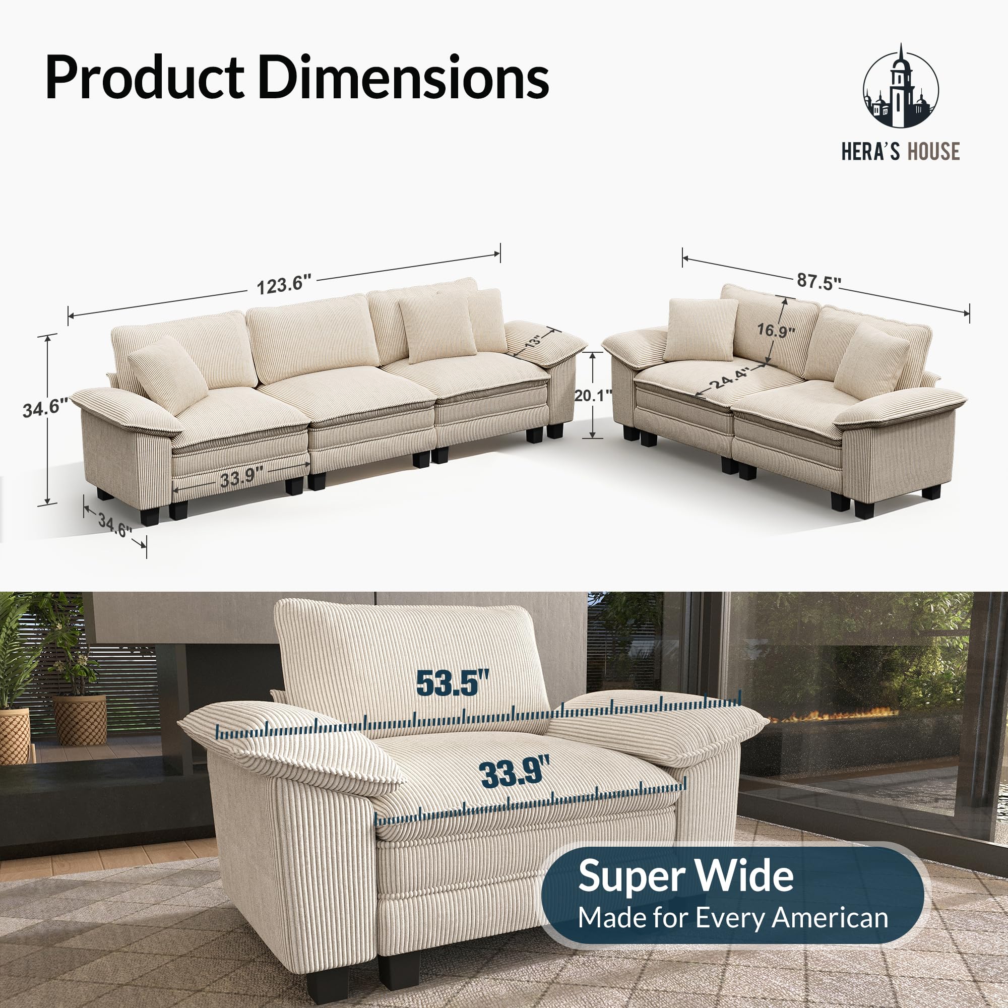 2 Pieces Modular Sectional Sofa Sets, Oversized Couch Set with Loveseats, Comfy Cloud Couches with Throw Pillows, 5-Seater Deep Seat Sofa for Living Room, Corduroy Beige