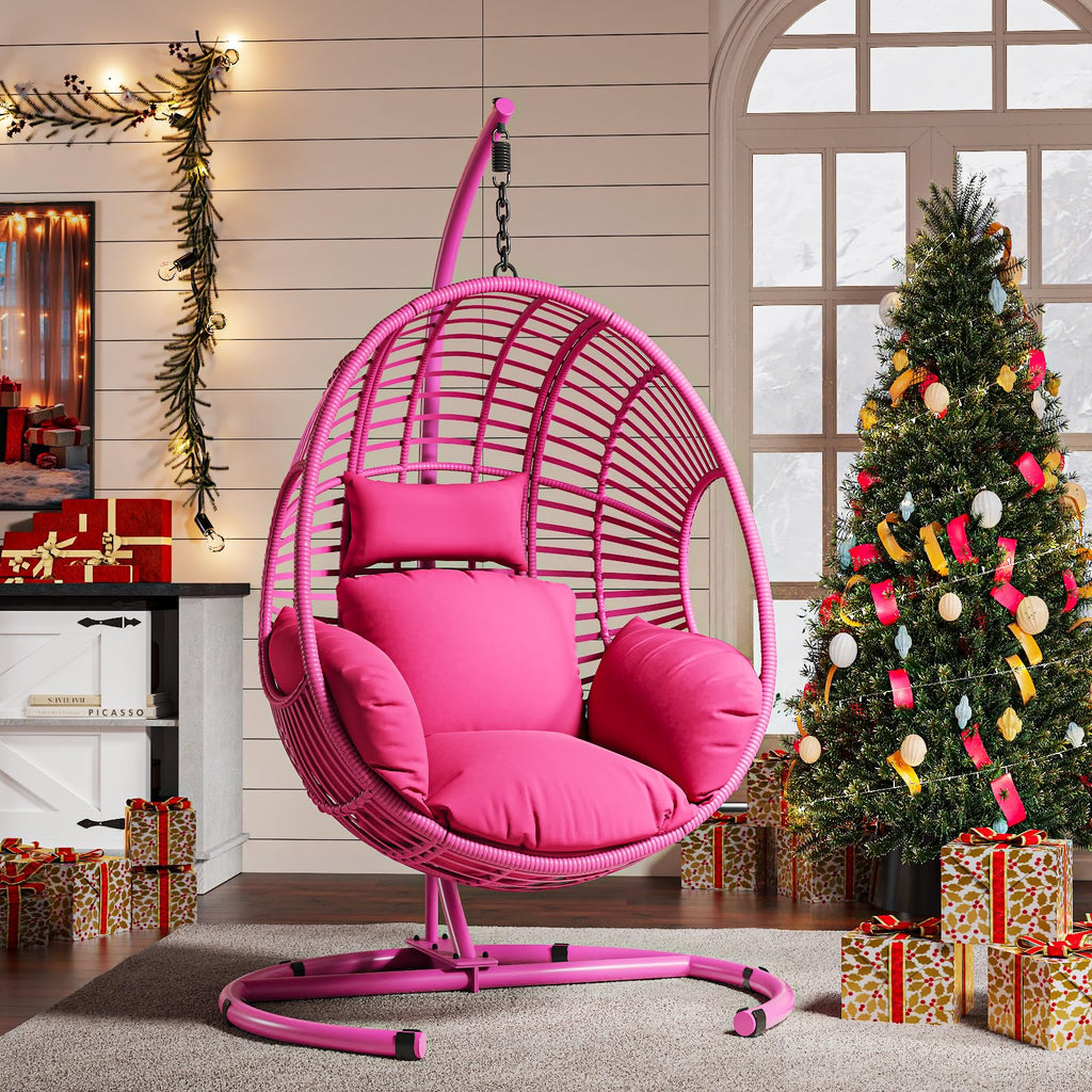 Oversized Hanging Egg Chair Outdoor Indoor, Wicker Swing Egg Chair with Stand 400lbs Capacity for Bedroom, Patio, Garden and Balcony (Pink-Regular, Oversize)