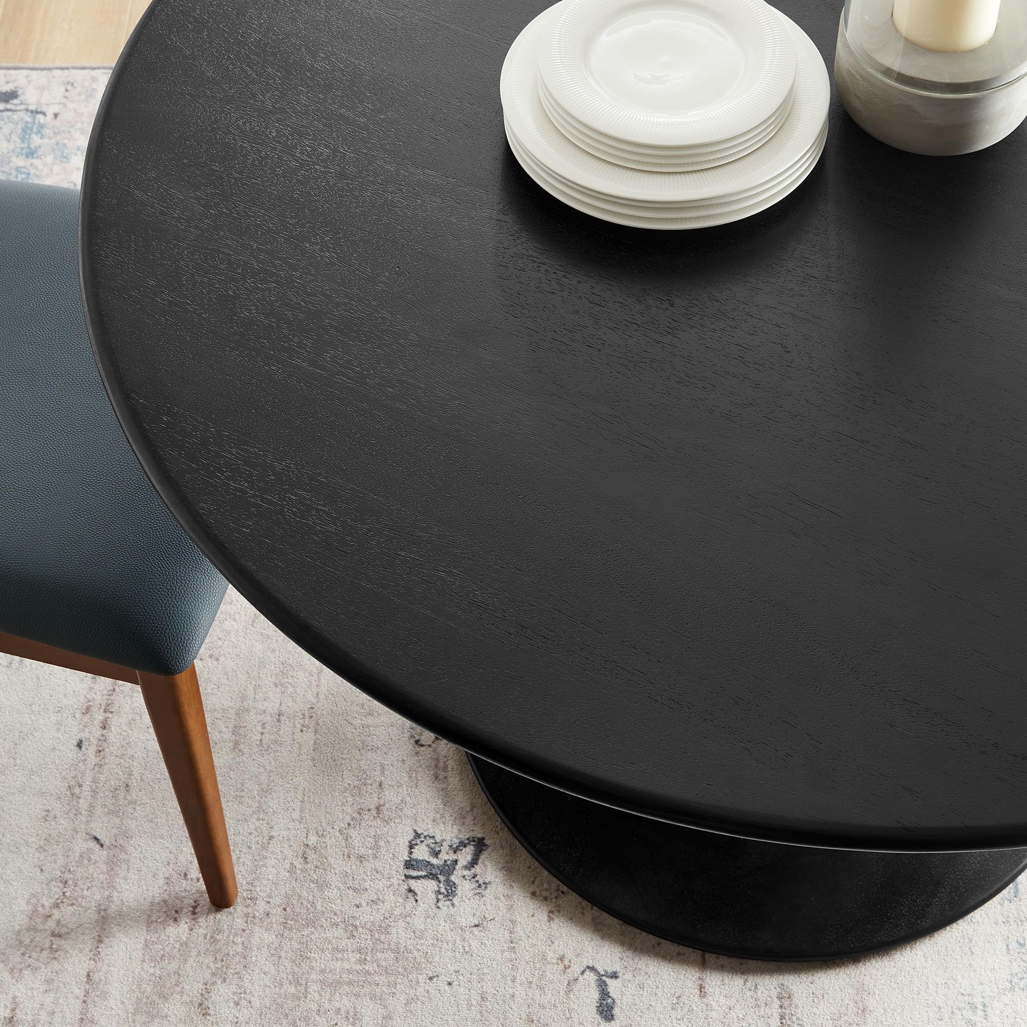 48 Inch Round Wood Dining Table in Black – Solid Mango Wood Tabletop with Pedestal Base - Mid Century Modern Dining Room Furniture - Kitchen Table for 4-6 Person