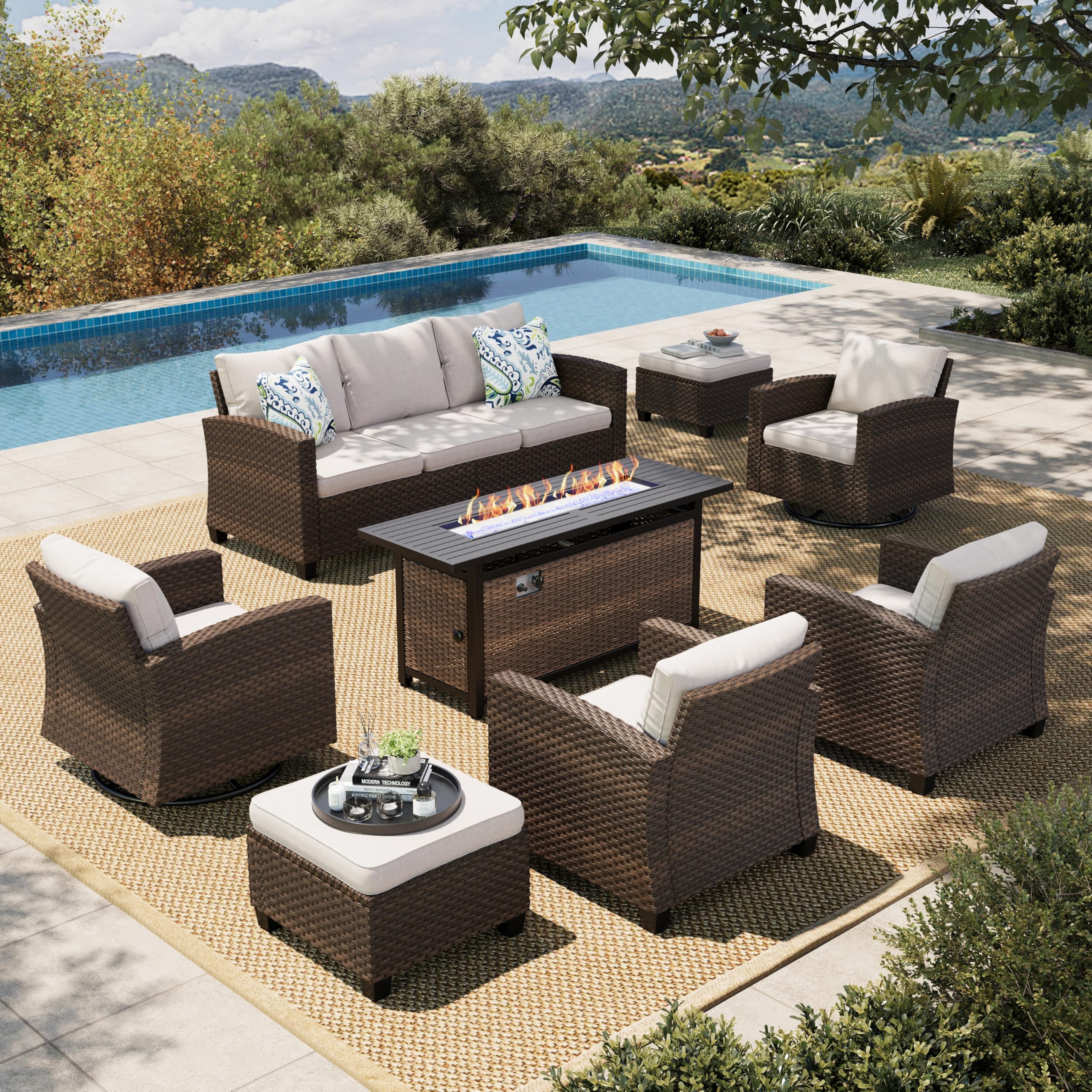 Swivel Glider Patio Furniture Set with Fire Pit, Outdoor Wicker Conversation Sets, 8 Pieces Deep Seat Rattan Sofa Sets with Cushions for Deck Backyard Lawn, Beige/Brown