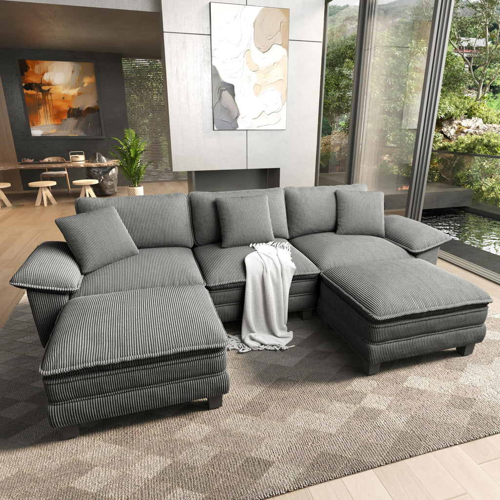 124" Modular Sectional Sofa, Oversized U Shaped Couches for Living Room, Comfy Cloud Couch with Ottoman, 5-Seater Deep Seat Sofa with Throw Pillow, Corduroy Grey