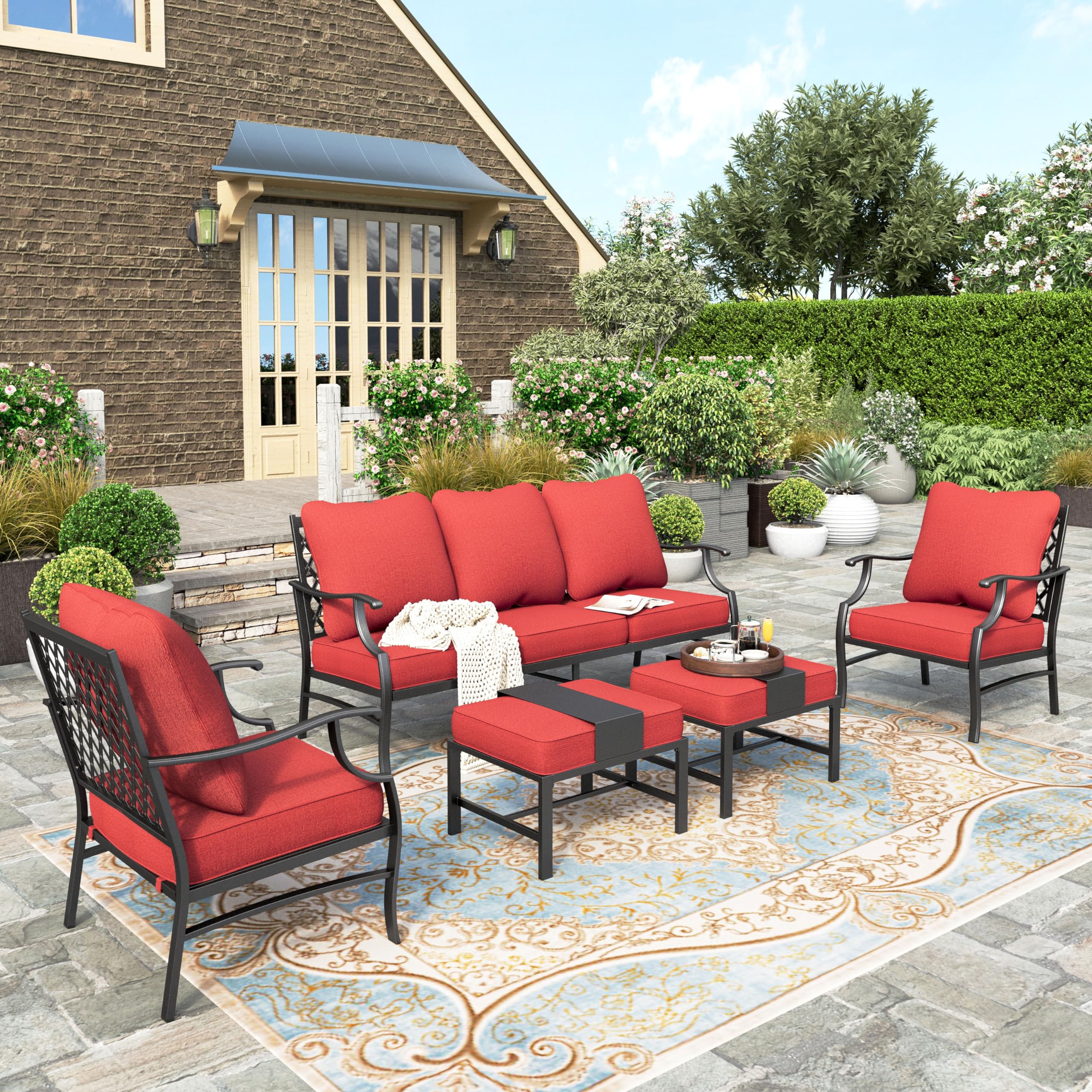 5 Piece Patio Furniture Set, 2 x Leg Chair, 2 x Ottoman, 1 x 3-Seat Sofa, All Cushioned 7 Seats Metal Outdoor Conversation Set for Lawn Garden Backyard