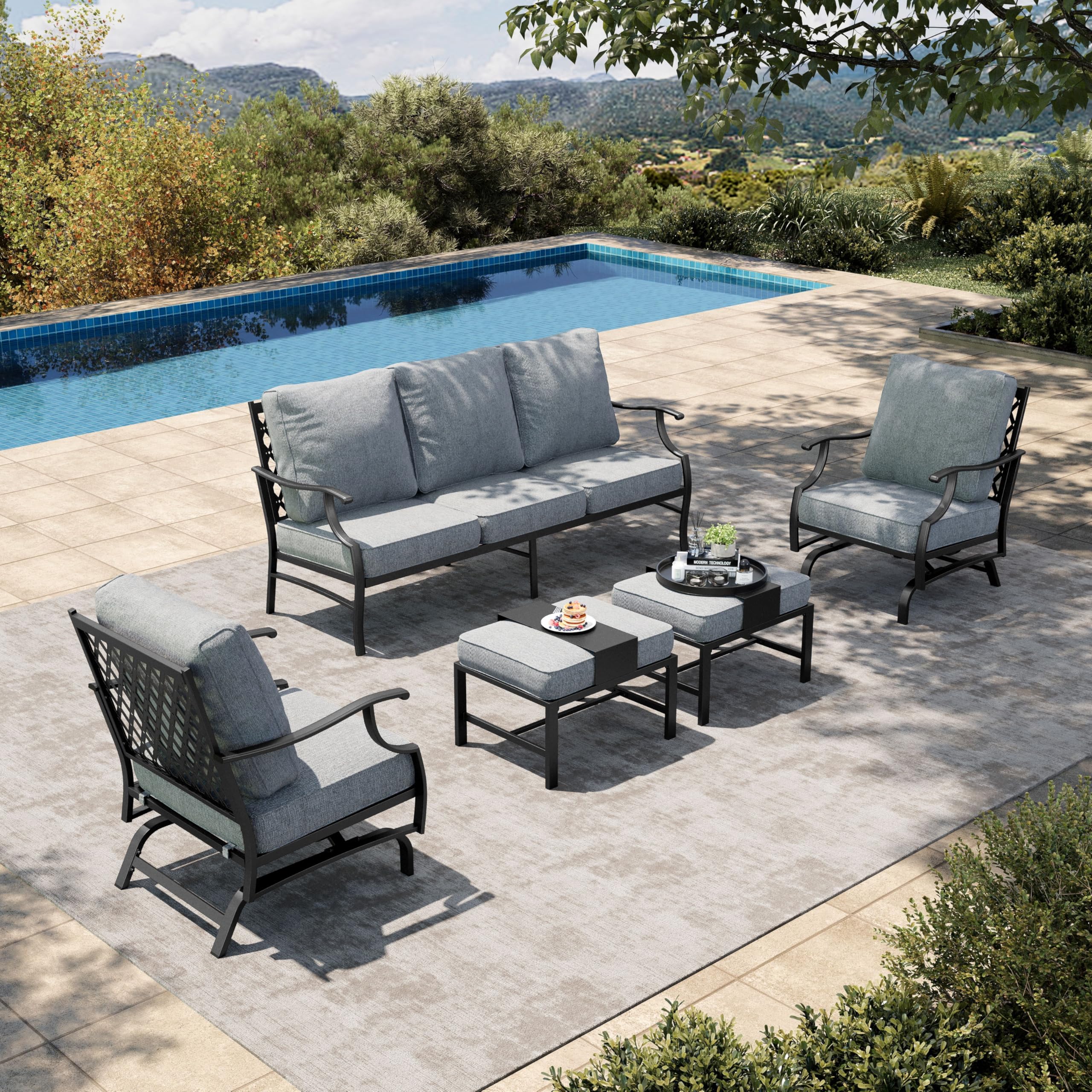 5 Pieces Patio Furniture Set, 2 x Cushioned Rocking Chair, 2 x Ottoman, 1 x 3-Seat Sofa, All Cushioned 7 Seats Outdoor Conversation Set for Lawn Garden Backyard, Grey