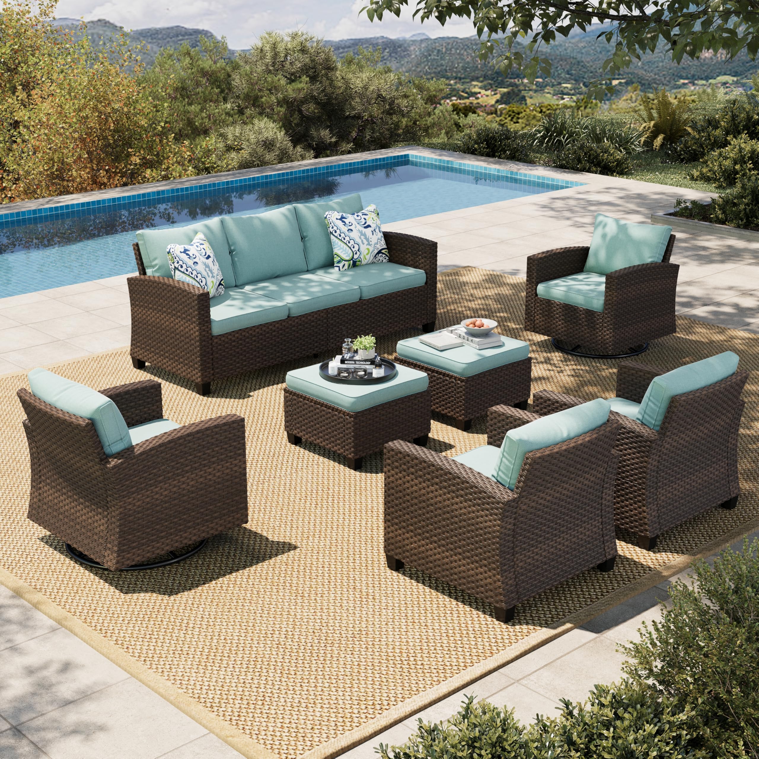 Patio Furniture Set with Swivel Glide Chairs, Outdoor Sectional Sofa Set, 7 Pieces Patio Conversation Sets for Lawn Backyard Deck, Brown/Blue