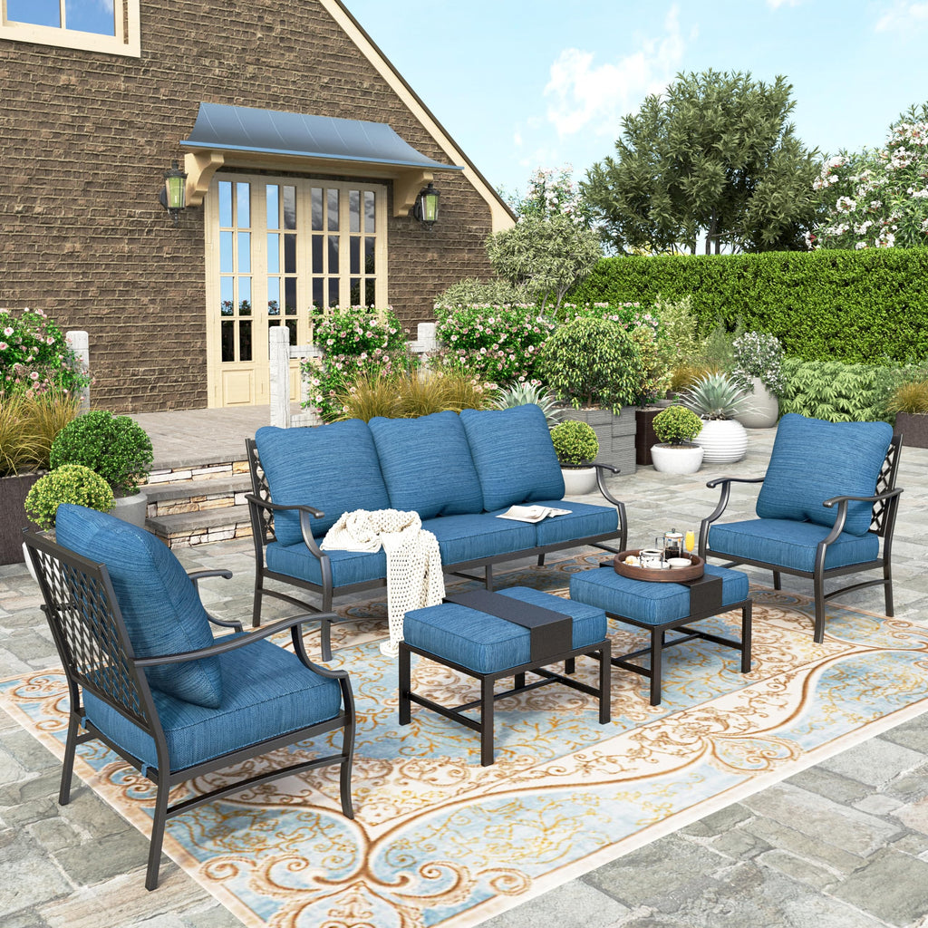 5 Piece Patio Furniture Set, 2 x Leg Chair, 2 x Ottoman, 1 x 3-Seat Sofa, All Cushioned 7 Seats Metal Outdoor Conversation Set for Lawn Garden Backyard