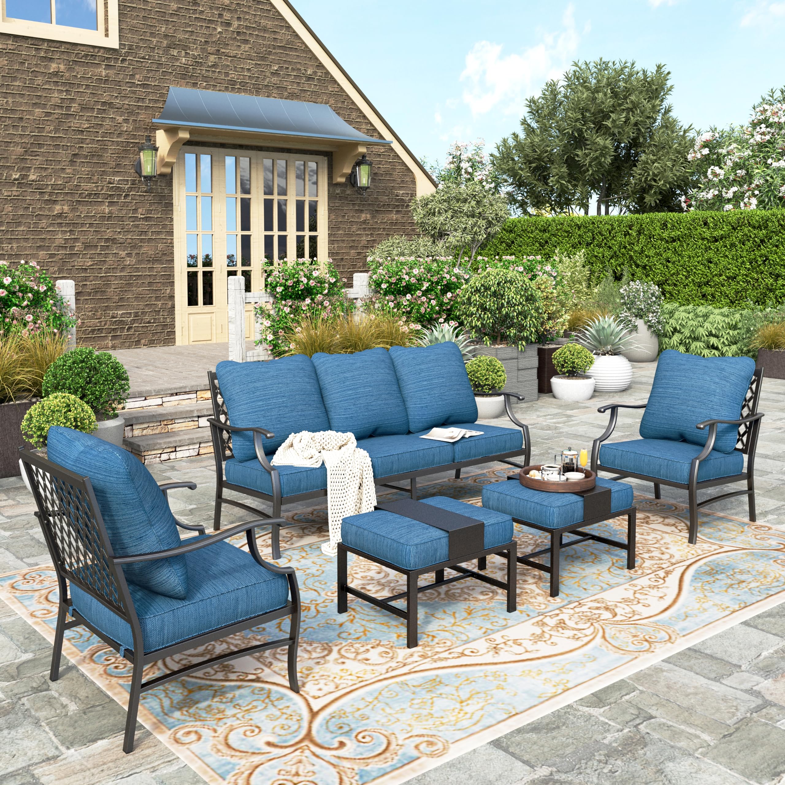 5 Piece Patio Furniture Set, 2 x Leg Chair, 2 x Ottoman, 1 x 3-Seat Sofa, All Cushioned 7 Seats Metal Outdoor Conversation Set for Lawn Garden Backyard