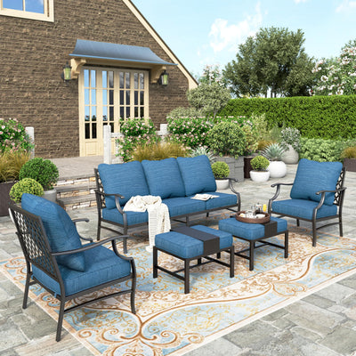 5 Piece Patio Furniture Set, 2 x Leg Chair, 2 x Ottoman, 1 x 3-Seat Sofa, All Cushioned 7 Seats Metal Outdoor Conversation Set for Lawn Garden Backyard