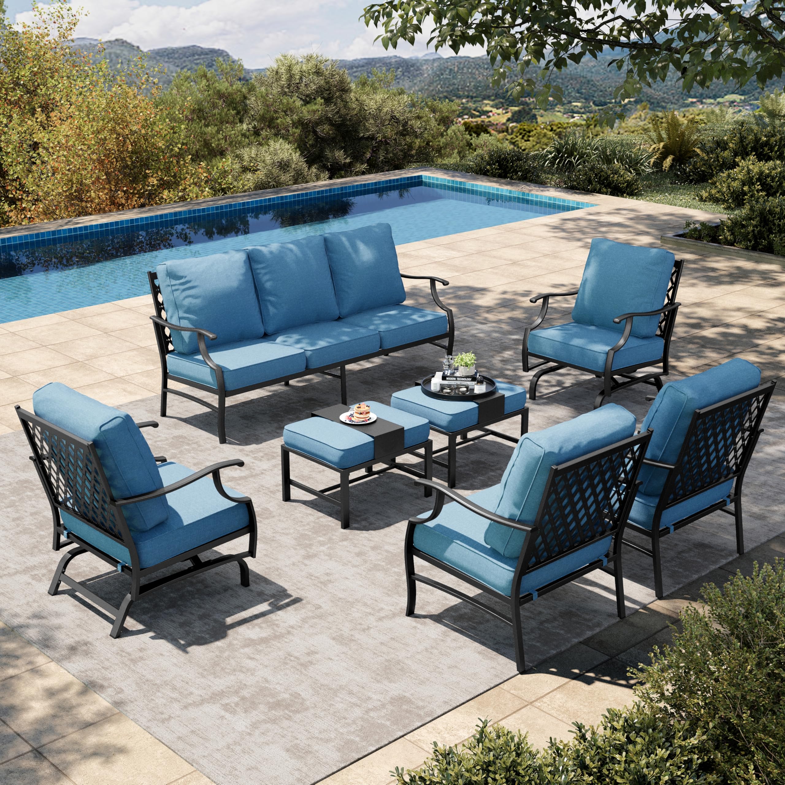 7 Piece Patio Furniture Set, 2 x Rocking Chair, 2 x Fixed Chair, 2 x Ottoman, 1 x 3-Seat Sofa, All Cushioned 9 Seats Metal Outdoor Conversation Set for Lawn Garden Backyard